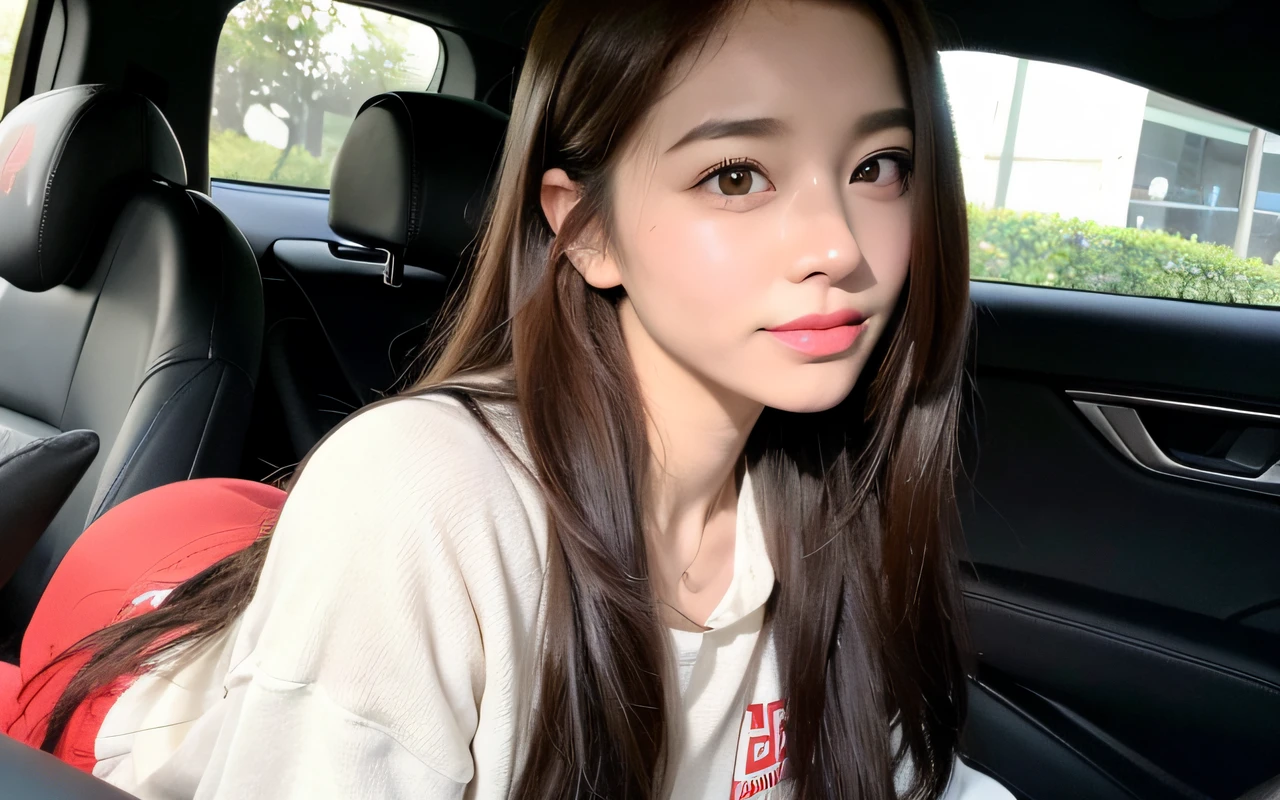 ((Best Quality, 8k, Masterpiece: 1.3)), Focus: 1.2, Perfect Body Beauty: 1.4, Buttocks: 1.2, ((Delicate Hair)), (Sports car, street: 1.2), Highly detailed face and skin texture, Delicate eyes, Double eyelids, Whitened skin, Big breasts, smile, wearing necklace, ring, wearing red sweatshirt, person lying in a car with butt cocked, looking from the perspective of the butt