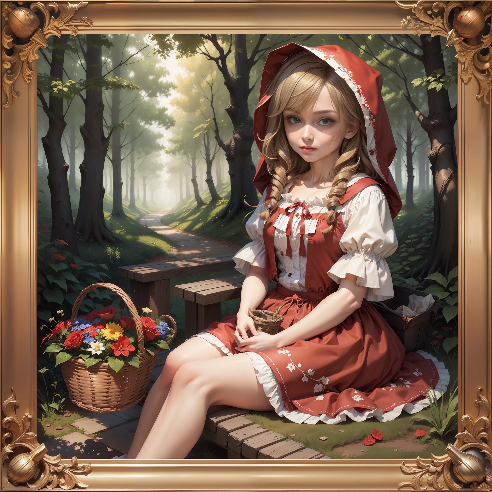 "masterpiece, adult version, Little Red Riding Hood, basket, forest"