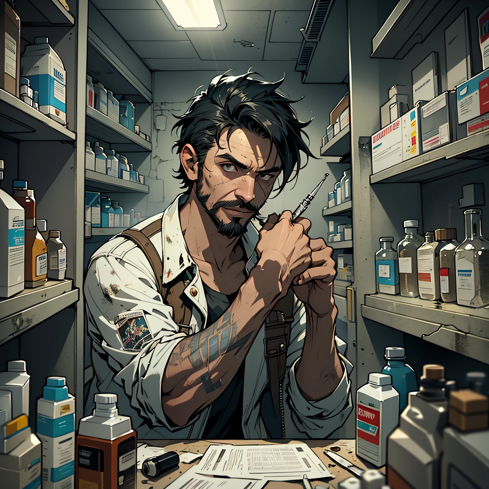 Best Quality, Masterpiece, Ultra High Resolution, Pharmacy Background, 1 Person, Solo, Man in Dilapidated Pharmacy, Injection, Man with Needle in Hold, Short Black Hair, Facial Hair, Doomsday, Solo, Lighting, Light, Dynamic Angle, Depth of Field, Wasteland Punk, Ruins, Doomsday, Biochemical Infection, Dirty and Messy, Shabby