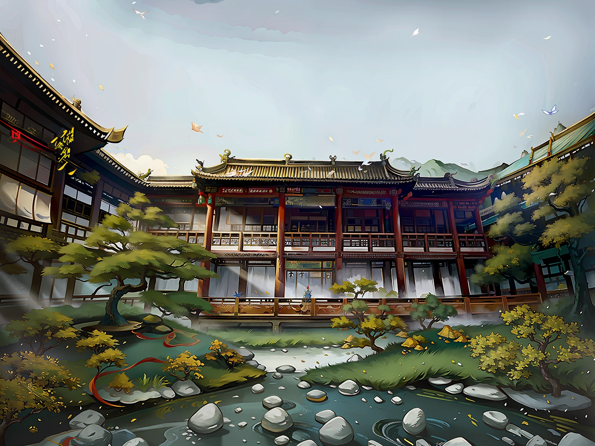 ancient chinese painting, ancient chinese architectural landscape, , spring water, auspicious clouds, pavilions, sunlight, masterpiece, super detail, epic composition, ultra hd, high quality, extremely detailed, official art, unified 8k wallpaper, super detail, 32k -- v 6