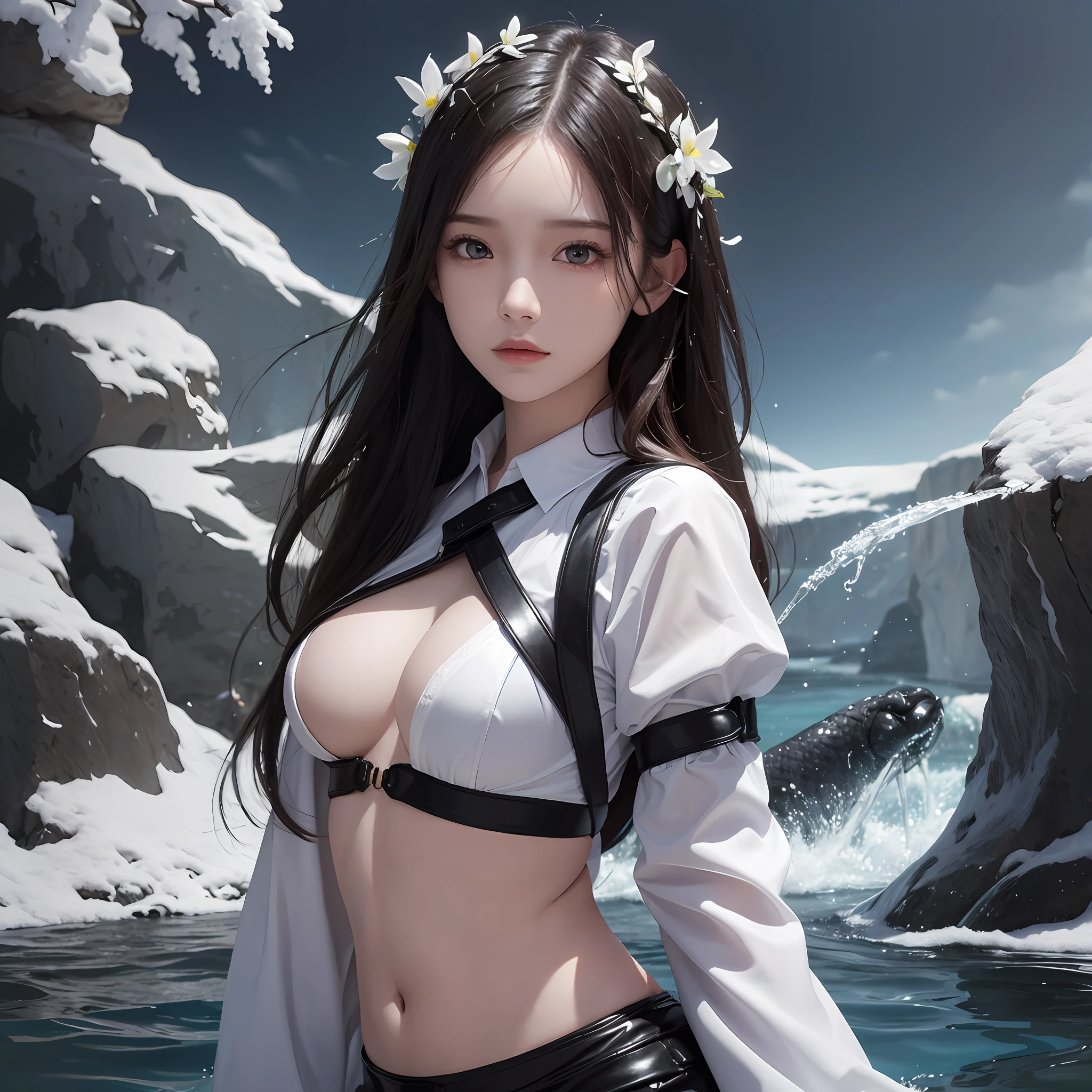 (Ultra Realistic), (Illustration), (Increased Resolution), (8K), (Extremely Detailed), (Best Illustration), (Beautiful and Detailed Eyes), (Best Quality), (Ultra Detailed), (Masterpiece ), ( wallpaper), (detailed face), solo, 1 girl, looking at viewer, Her skin was as white as snow, The black shirt is slightly tighter, Hook a delicate body, The arc is as smooth as flowing water, The girl's waist is slightly curved like a water snake