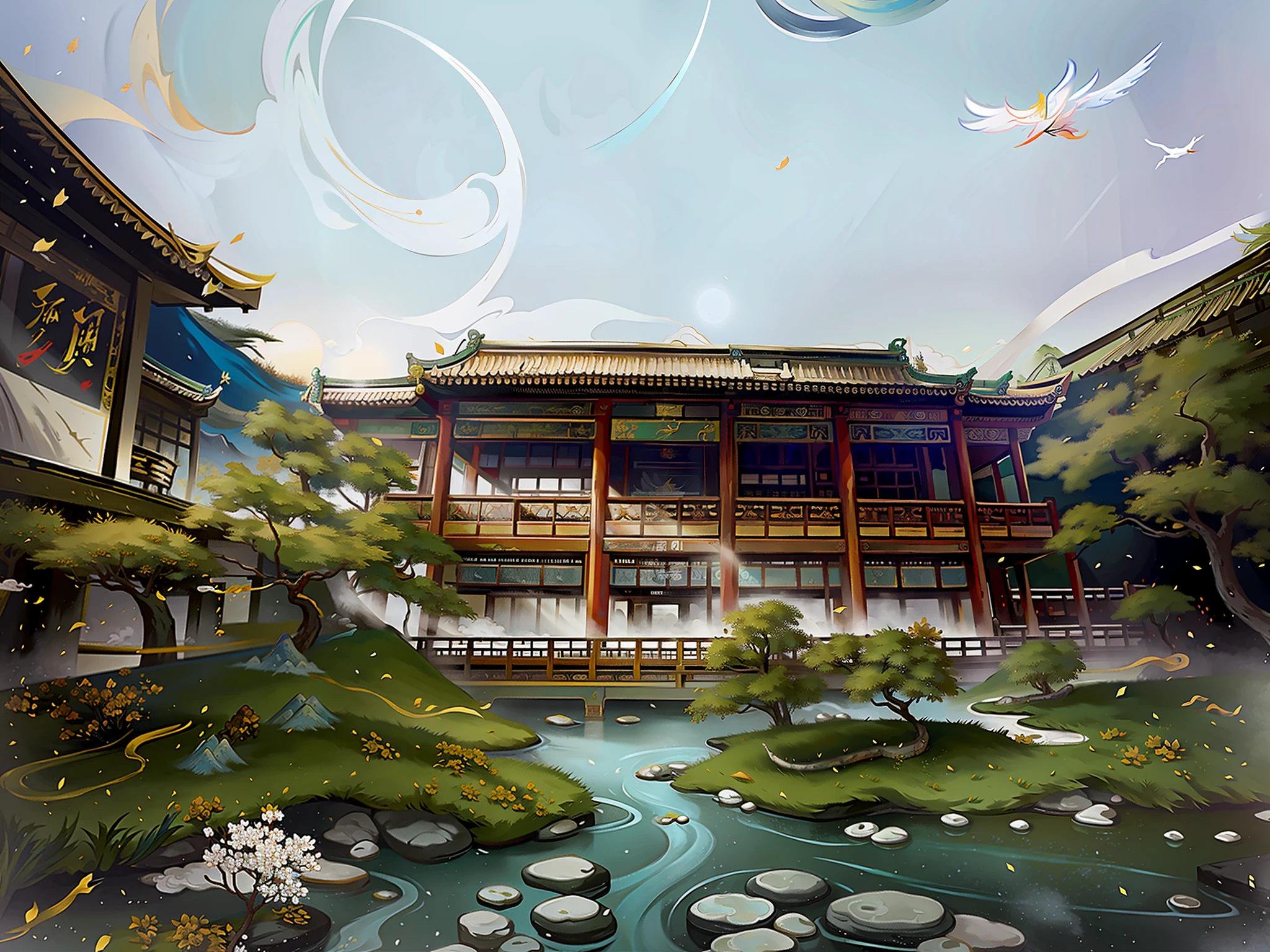 ancient chinese painting, ancient chinese architectural landscape, , spring water, auspicious clouds, pavilions, sunlight, masterpiece, super detail, epic composition, ultra hd, high quality, extremely detailed, official art, unified 8k wallpaper, super detail, 32k -- v 6