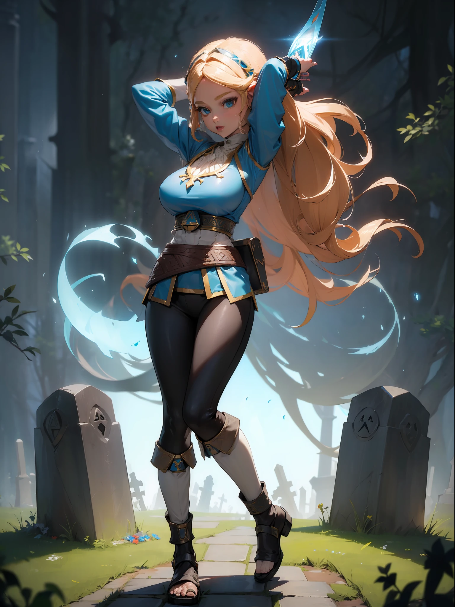 ((full body:2)) {zelda botw outfit}, only {zelda botw outfit} is this ((wearing Ninja attire, with round shiny jewel on chest, with a belt, helmet on head):1.5) ((extremely tight on the body, with a round jewel on her breastplate):1.5), only {zelda botw outfit} ((has extremely large breasts):1.5), only {zelda botw outfit} ((is looking at viewer/look and face of hate, doing heroic poses with arms above the waist)), only {1 woman} is standing, ((Inside a cemetery, this night, it's full of ghosts near the tombstones)), anime, anime style, cinematic lighting, 16k, highres, best quality, (high details:1.4), UHD, ((masterpiece))
