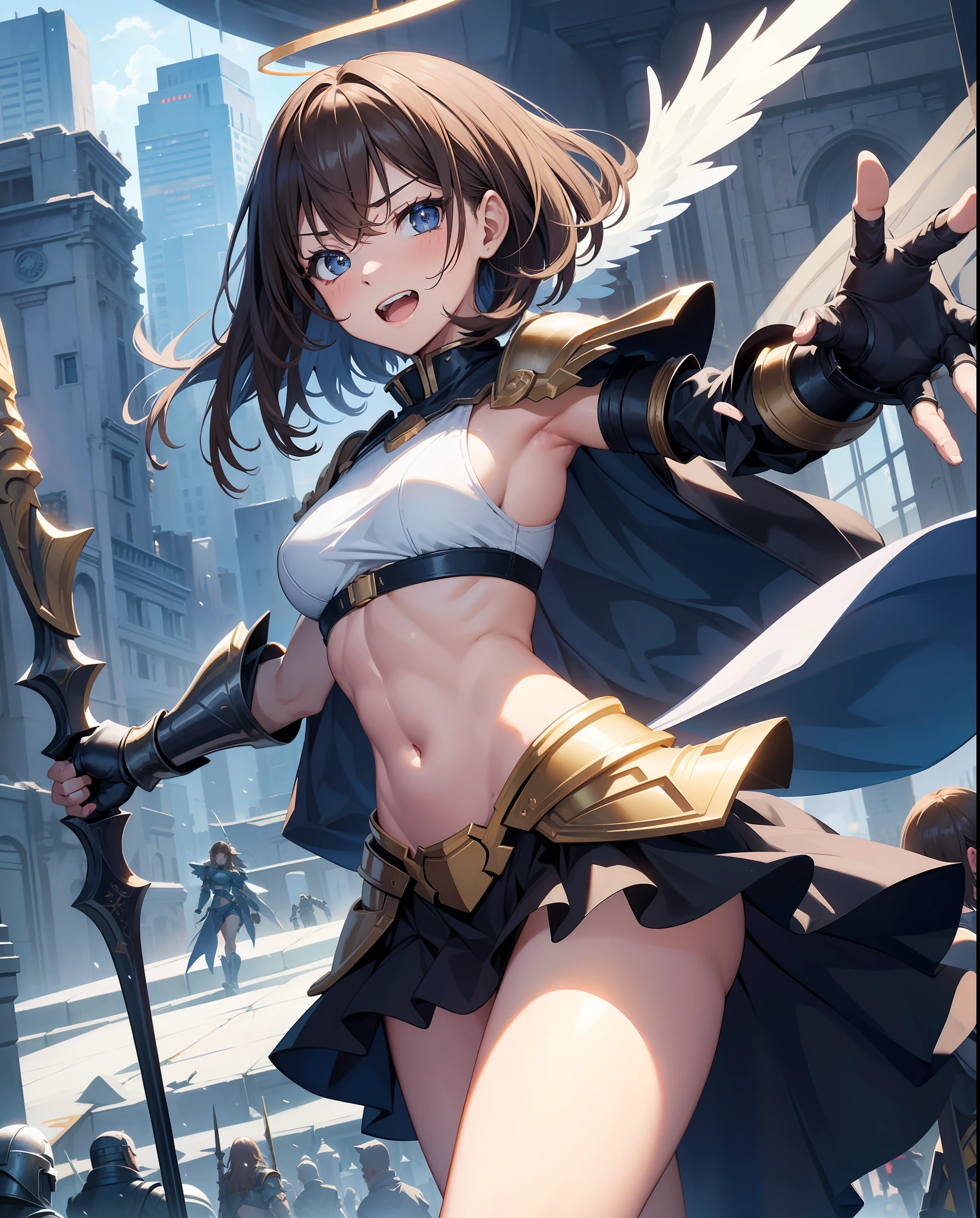 fantasy, 1angel_girl, low_, lolirown_hair, medium_bob_hair, long_bangs, halo,bare_shoulder, navel, thighs,silver_armor, blue_clothes,waist_armor, medium_breasts, (abs)0.9,angry,grinning,open_mouth_teeth, 1pair_wings, dynamic_pose_fighting,floating, (pelvic_curtain)++, headgear,gauntlet, greaves,city_sky_background,slightly_spread_legs, solo