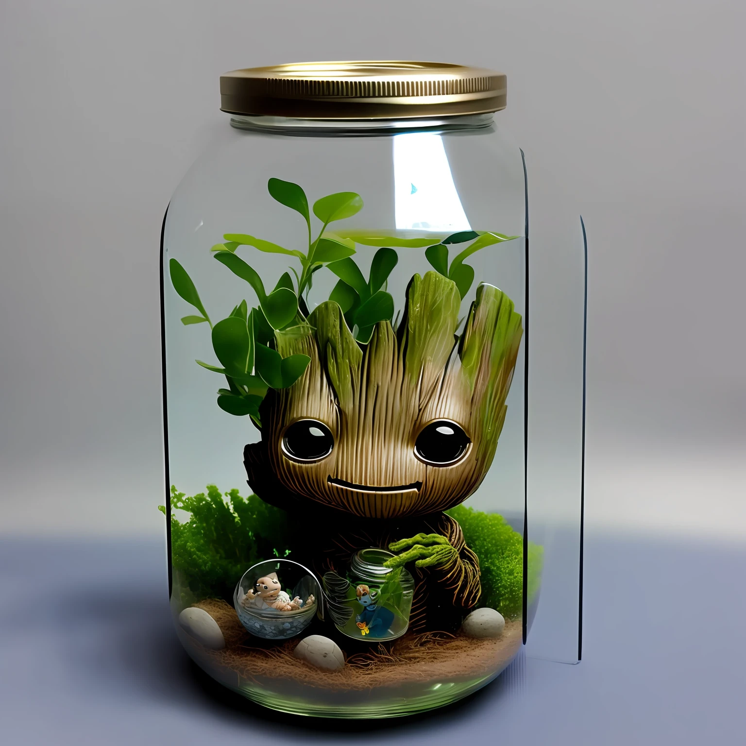 Baby Groot Guardians of the Galaxy
Inside a glass jar with water and fish