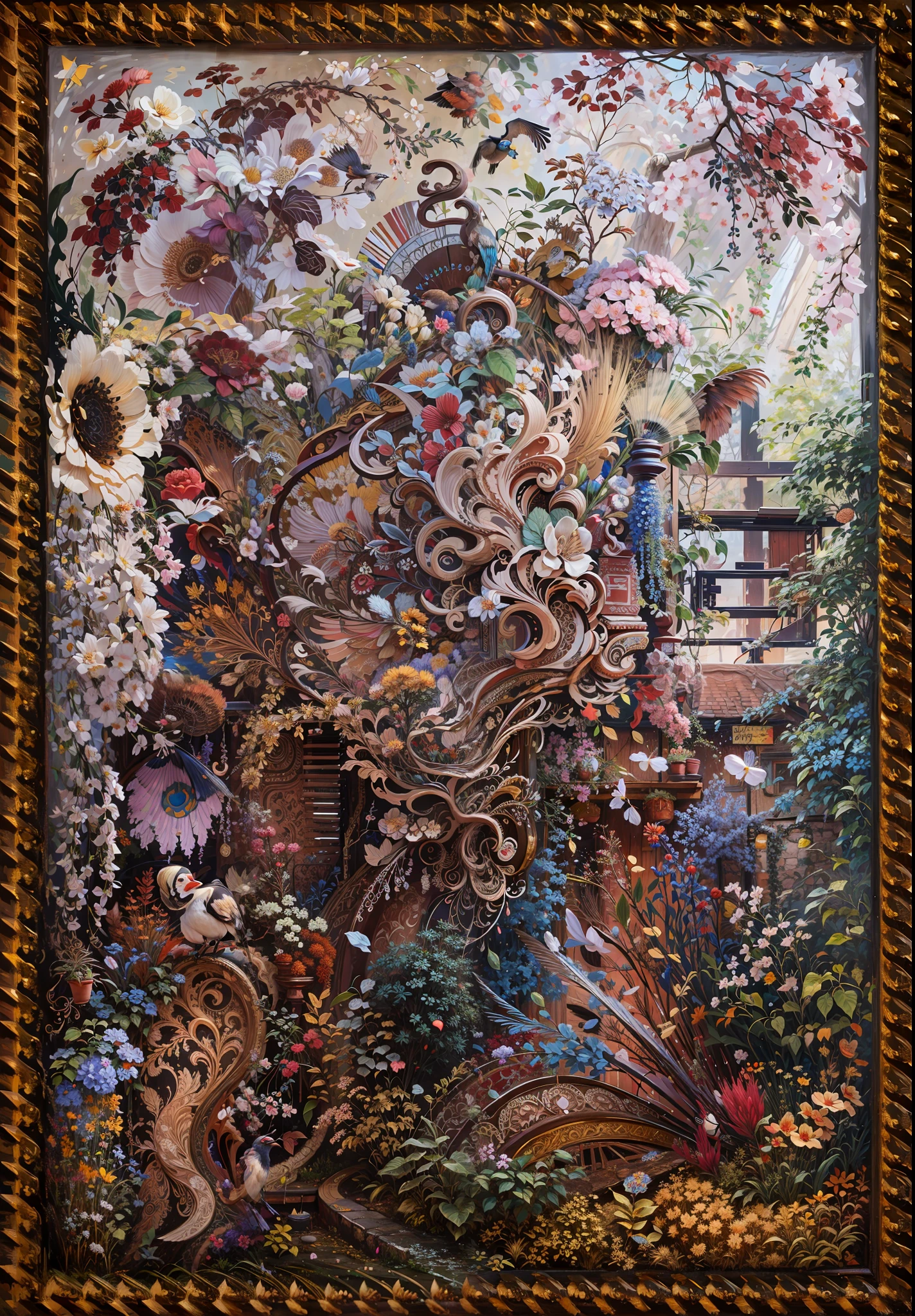painting of a painting of a garden with flowers and birds, oil on canvas intricate, intricate detailed oil painting, intricate oil painting, intricate organic painting, intricate oil painting artwork, inspired by Ivan Albright, intricate painting, intricate detailed painting, very detailed oil painting, unique and intricate painting, beautiful intricate oil painting, extremely detailed oil painting, detailed painting“