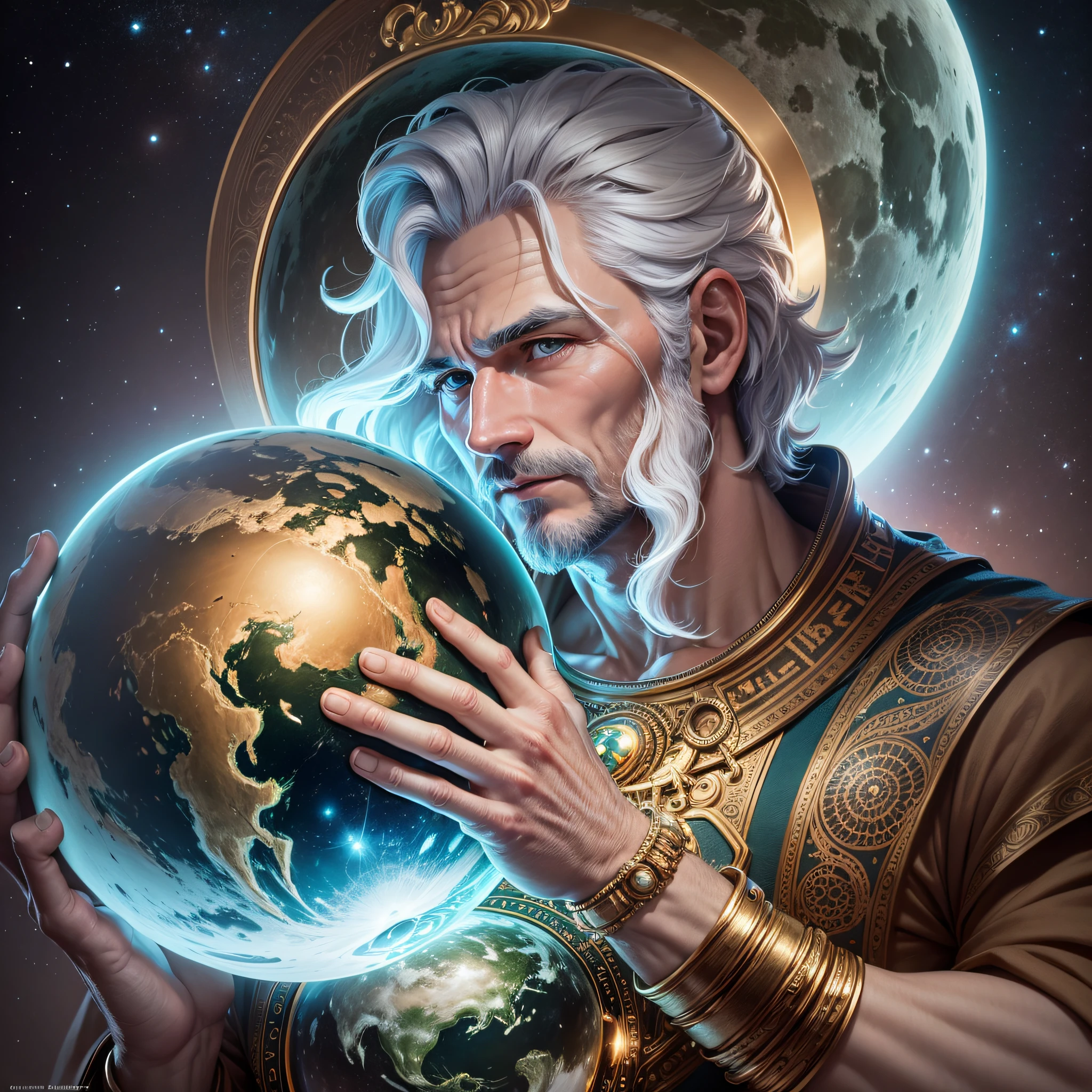 God of the planet Uranus, Man with the planet Uranus floating in his hands, 8k, intricate details