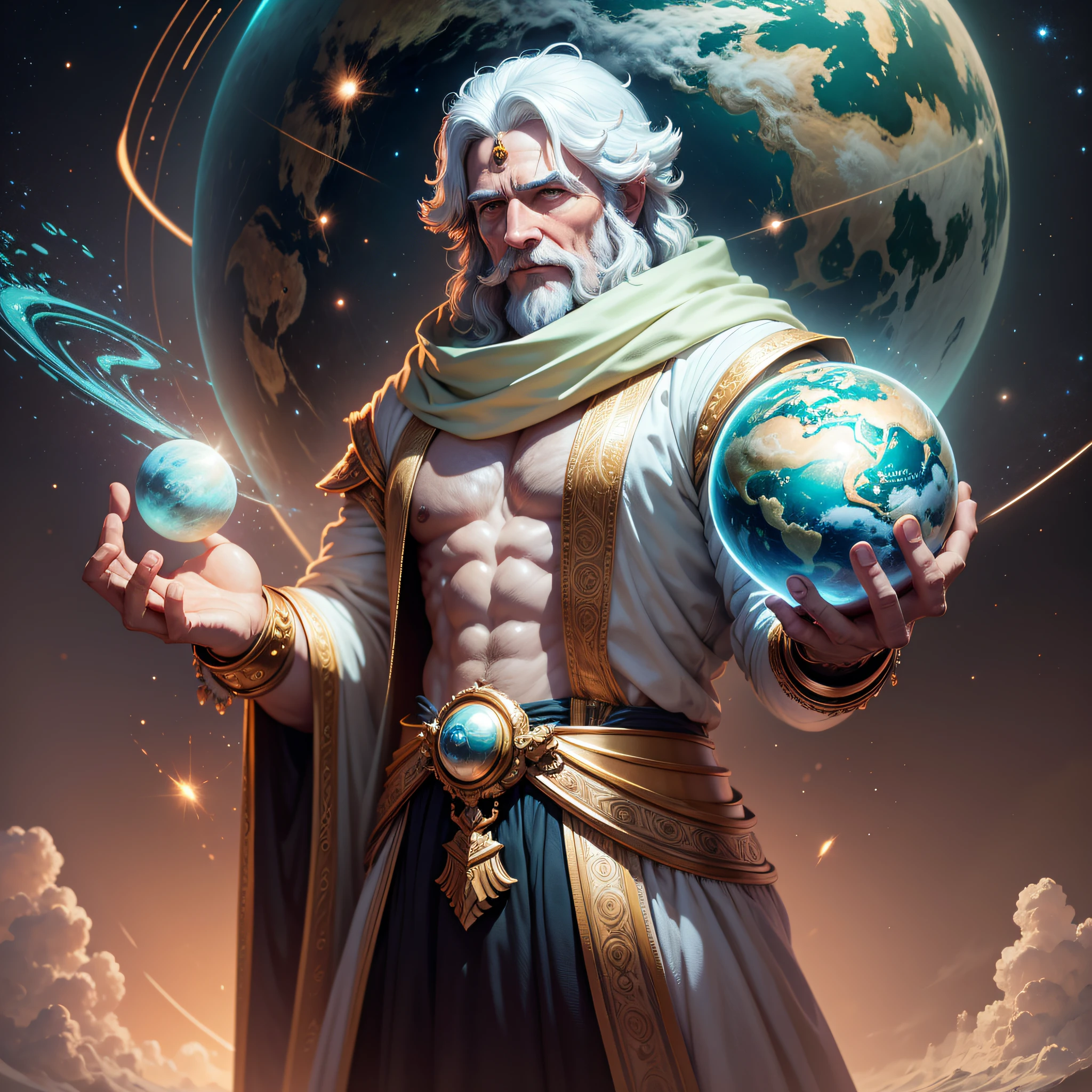 God of the planet Uranus, Man with the planet Uranus floating in his hands, 8k, intricate details