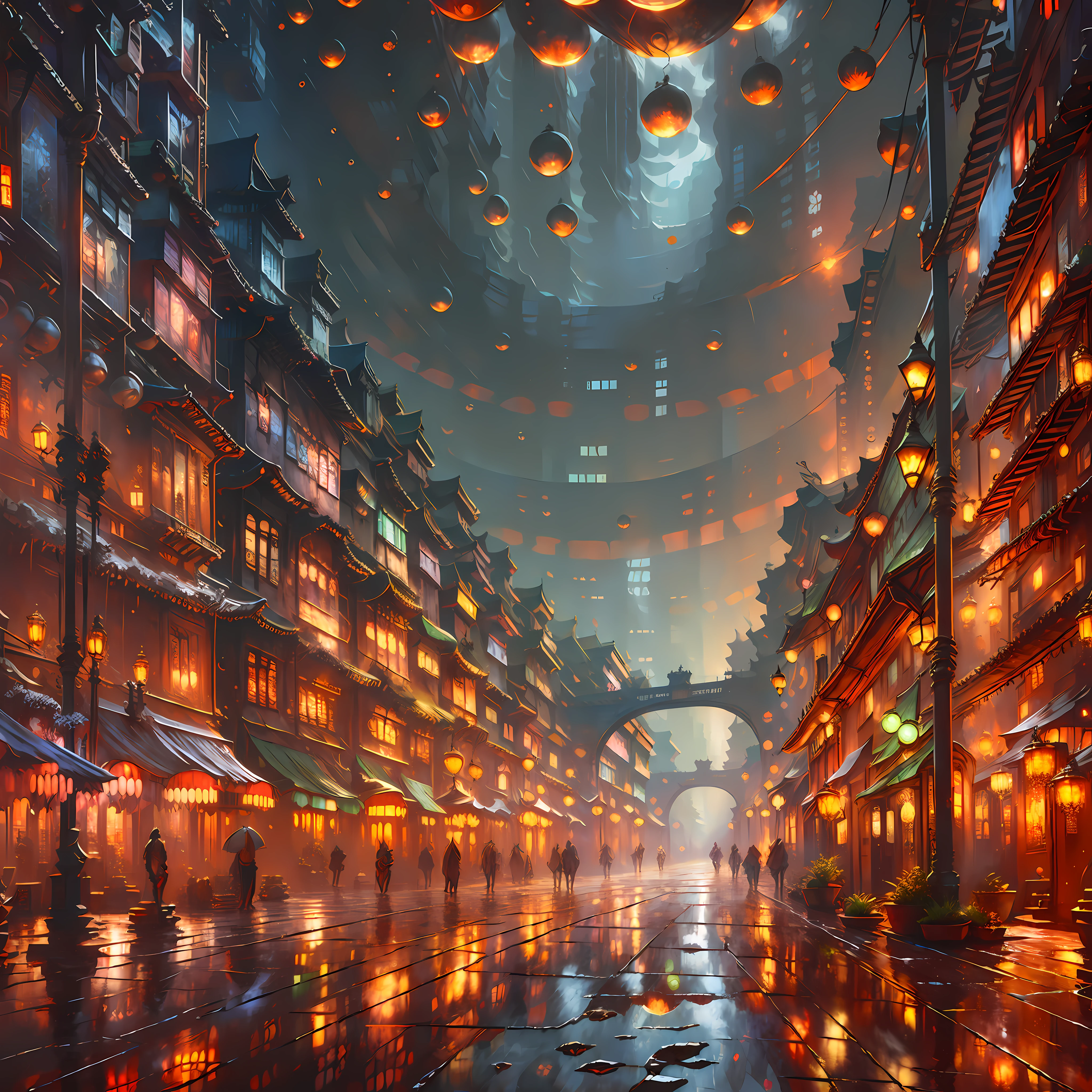 ((masterpiece)),((best quality)),((high detial)),((realistic,)) Industrial age city, deep canyons in the middle, architectural streets, bazaars, Bridges, rainy days, steampunk, European architecture