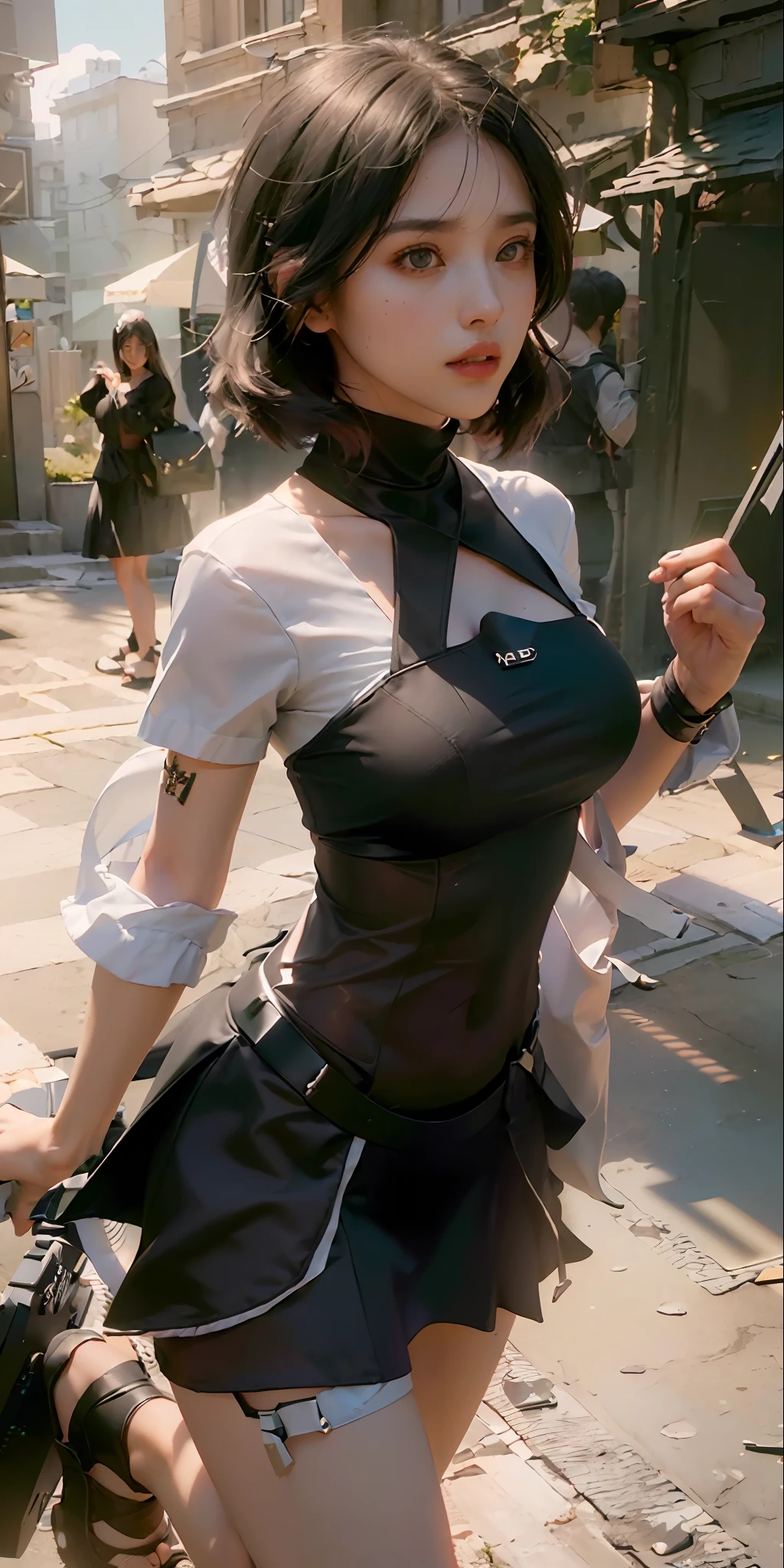 (Best Quality), ((Masterpiece), (Details: 1.4 pieces), 3D, Beautiful Pure Beauty, (Black Crop Outfit: 1.9), (Sandals: 1.6), (Short White Skirt: 1.2) HDR (High Dynamic Range), Ray Tracing, NVIDIA RTX, Super Resolution, Unreal 5, Subsurface Scattering, PBR Texture, Post Processing, Anisotropic Filtering, Depth of Field, Maximum Sharpness and Sharpness, Multi-layer Texture, Albedo and Highlight Mapping, Surface Shading, Mitsu - Accurate simulation of material interactions, perfect proportional ratio, octane rendering, two-color light, large aperture, low ISO, white balance, rule of thirds, 8K RAW,