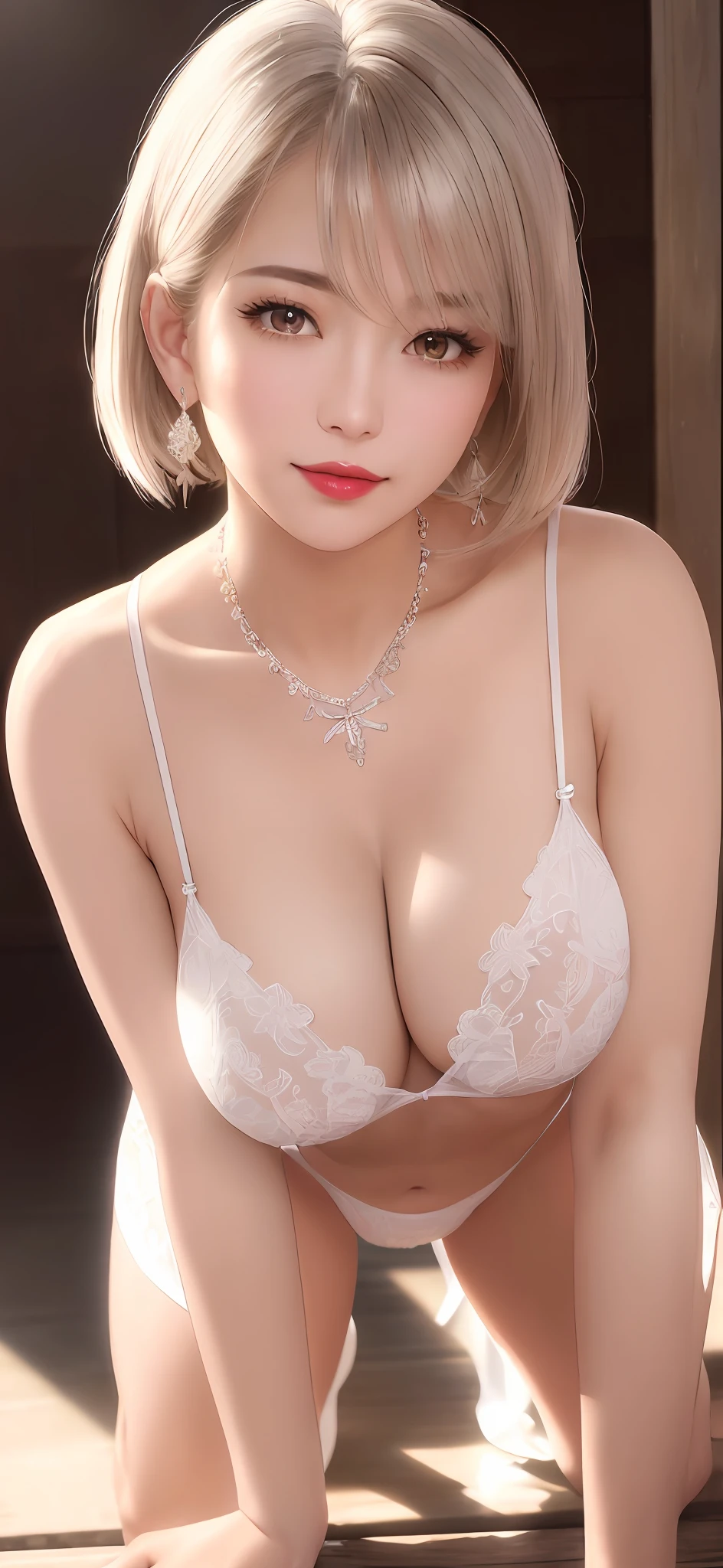 Women with raised back and legs: v6, mature white transparent lingerie, exquisite decoration, necklace, earrings, full body v6, short gray hair, obvious cleavage, ((super oversized bust beyond imagination)), visible, stunning, ultra high resolution, RAW photo, realism: 1.25), (bright lip gloss, long eyelashes, smooth face, bright skin, natural shadows, wide light, wide light, depth of field, strong colors, subtle caustics: 0.8), smile, (large), V6, sling pants, nudity, low angle, transparent underwear, eroticism, obvious mecosji, crawling on all fours, payback, wide open, gravure idol, areola