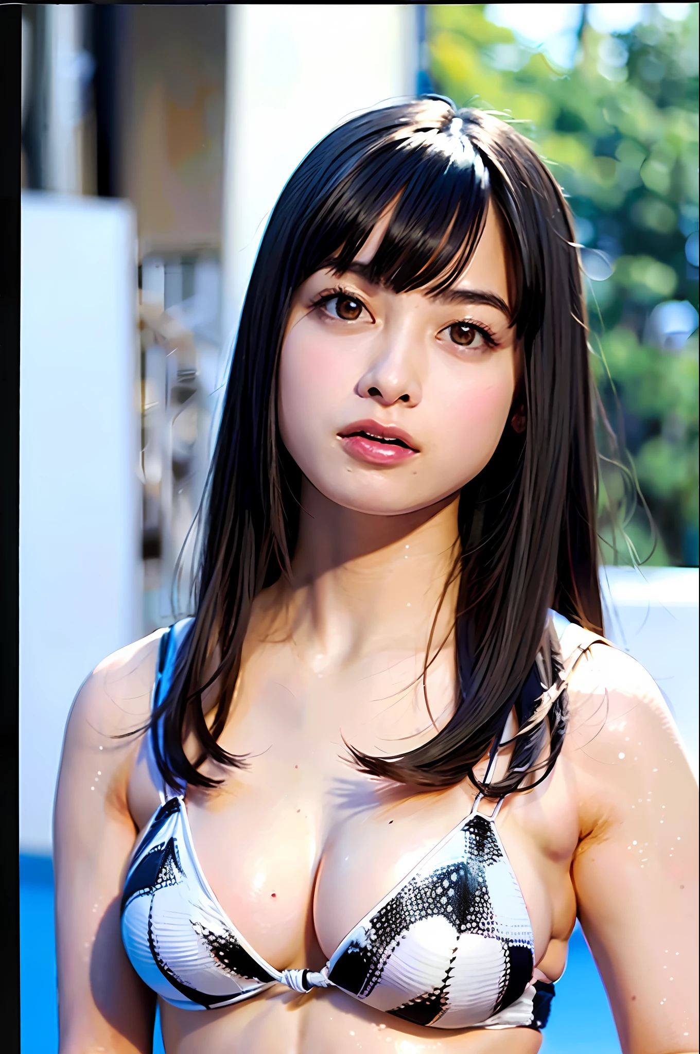 Top Quality, Masterpiece, Ultra High Definition, (Photorealistic: 1.4), Raw Photo, One Girl, Black Hair, Shiny Skin, Full Body,, Full Body Photo, Micro Bikini, Huge Breasts, High Exposure, Looking Frontal, Cleavage Emphasized, Pants See-Through