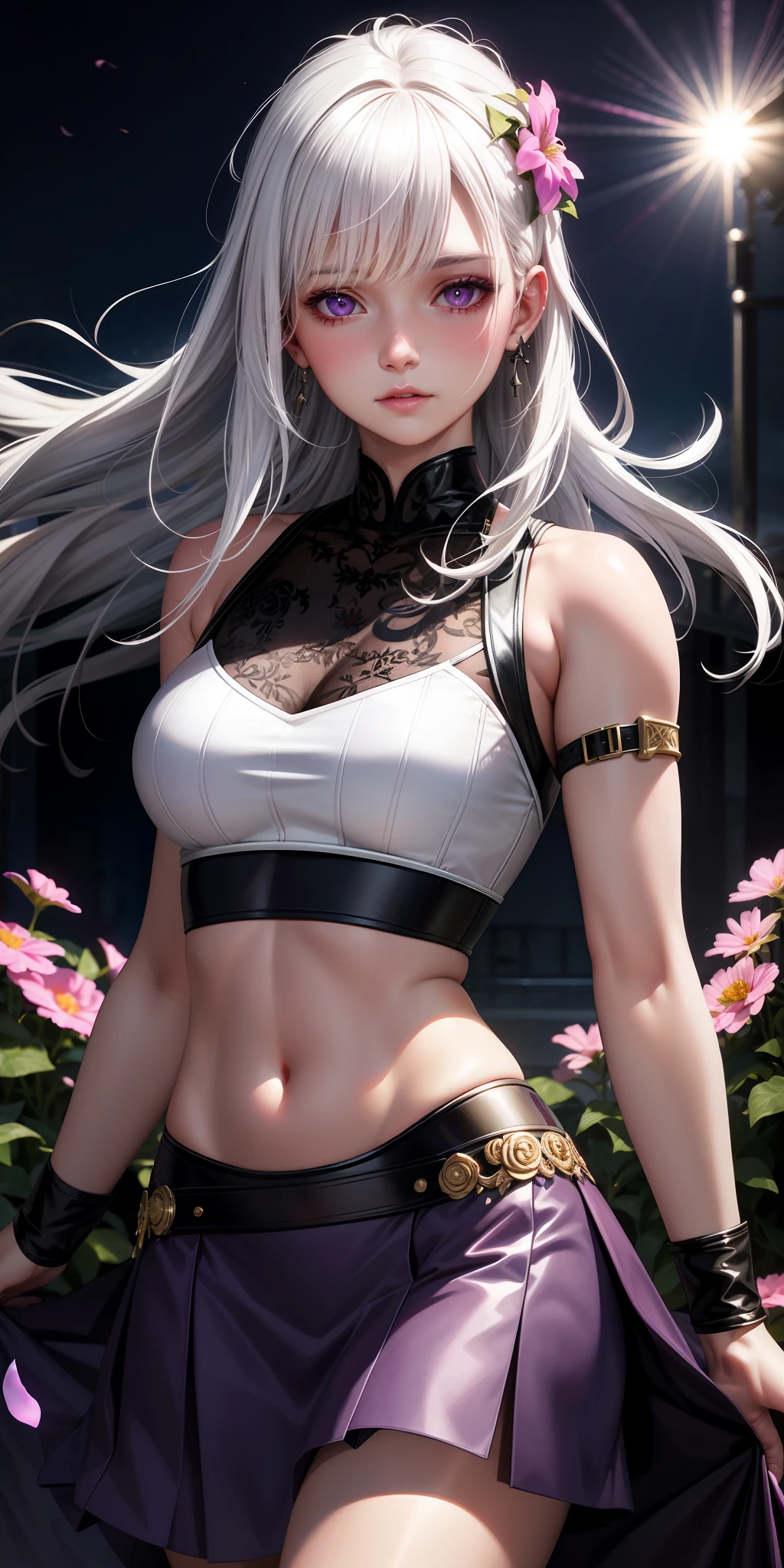 realistic, 1girl, white hair, purple eyes, glowing eyes, crop top, skirt, parted lips, blush, night, flowers, sun, sunlight,