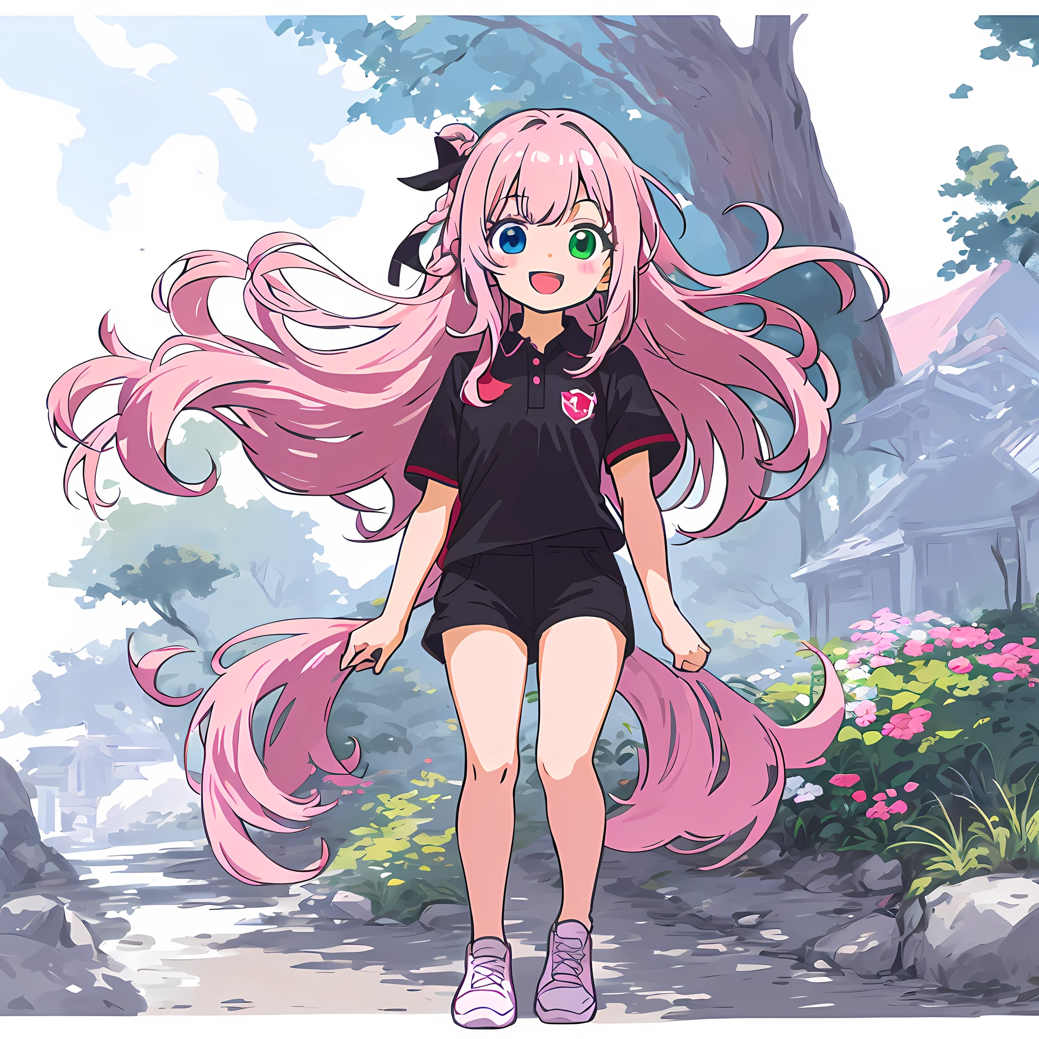 1 girl, (Heterochromia, Blue and Green Eyes: 1.8), Shining Eyes, (Illustration: 1.1), (Chibi: 1.5), (Masterpiece, Super Detail, Best Quality, 8K, Kyoto Animation Anime Illustration)), (Caregiver, 1 Cute Girl, Big, Solo, Upright, Peace, Watch Viewer, Full Body, Front, Cute Open Mouth, Happy Smile: 1.3), (Loli: 1.2), (cute: 1.5), (red short-sleeved polo shirt and black tight long pants, long heat tech inner shirt: 1.5), (footwear: sneakers), (pale pink hair, braid, long hair, cute ribbon: 1.1), thin eyebrows,