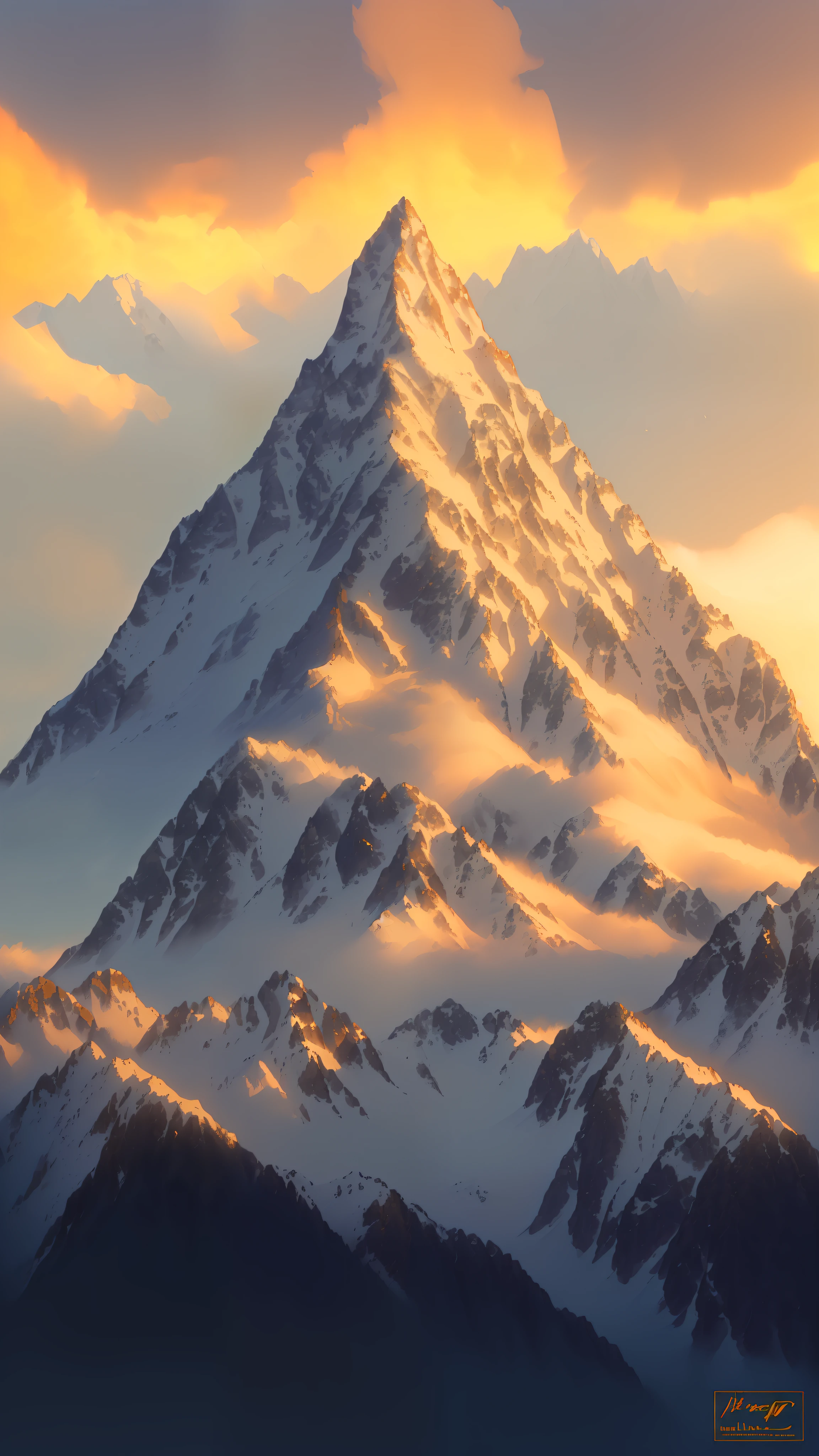 Snow-covered peaks in the distance at sunset, golden peaks, mountain views, Mount Olympus, 4K highly detailed digital art, huge mountains, low detail. digital painting, 4K detailed digital art, big mountain, detailed painting 4 K, mountainside, detailed digital painting, 4 K detail fantasy, 4 K digital painting, giant majestic mountain, 4K digital painting