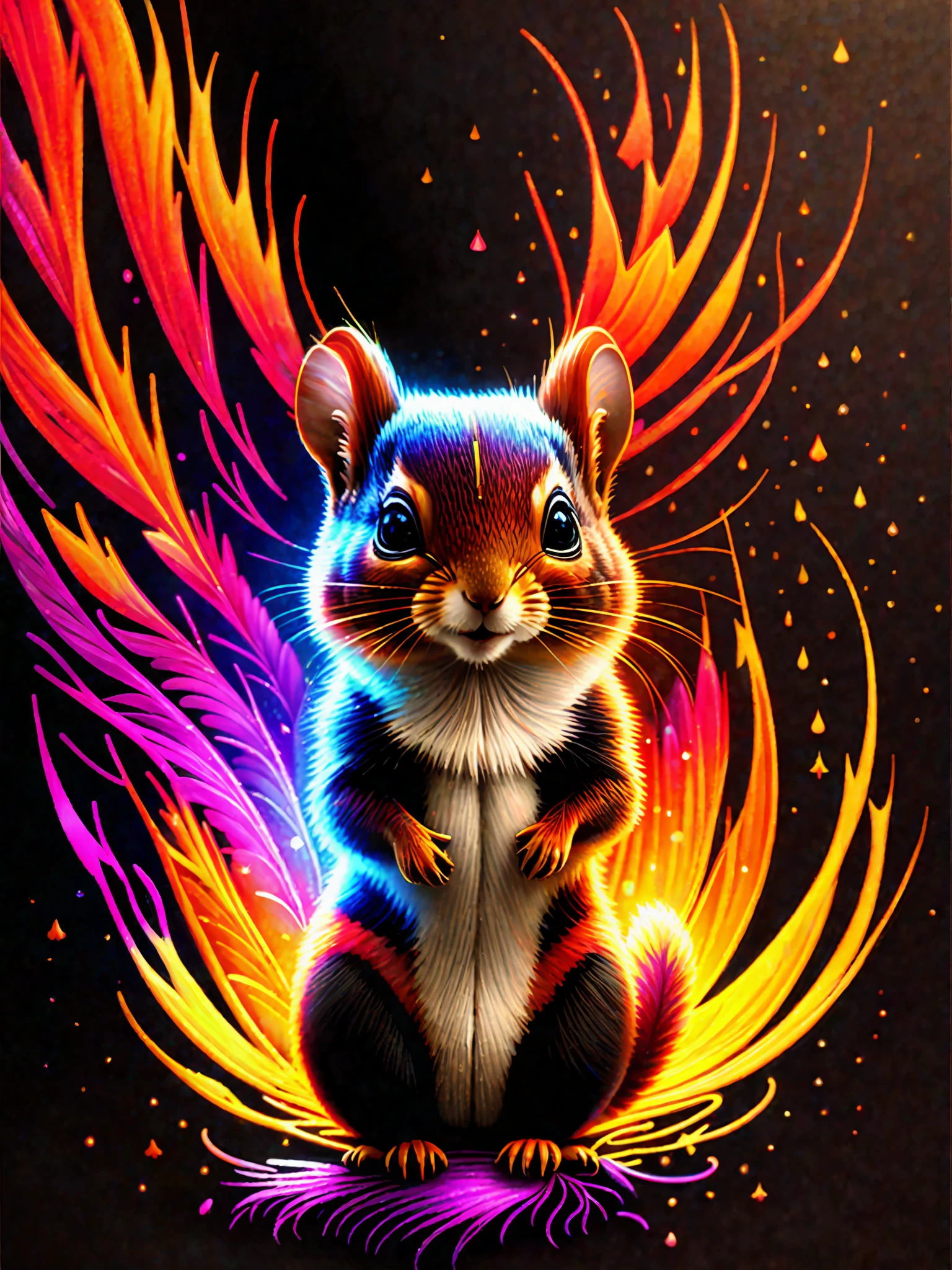 a painting of a colorful squirrel on a black background,, breathtaking rendering, within a radiant connection, inspired by Kinuko Y. Craft,, magical elements, kitten icon, wow, is beautiful, casting a multi colorful spell, bright flash, flash