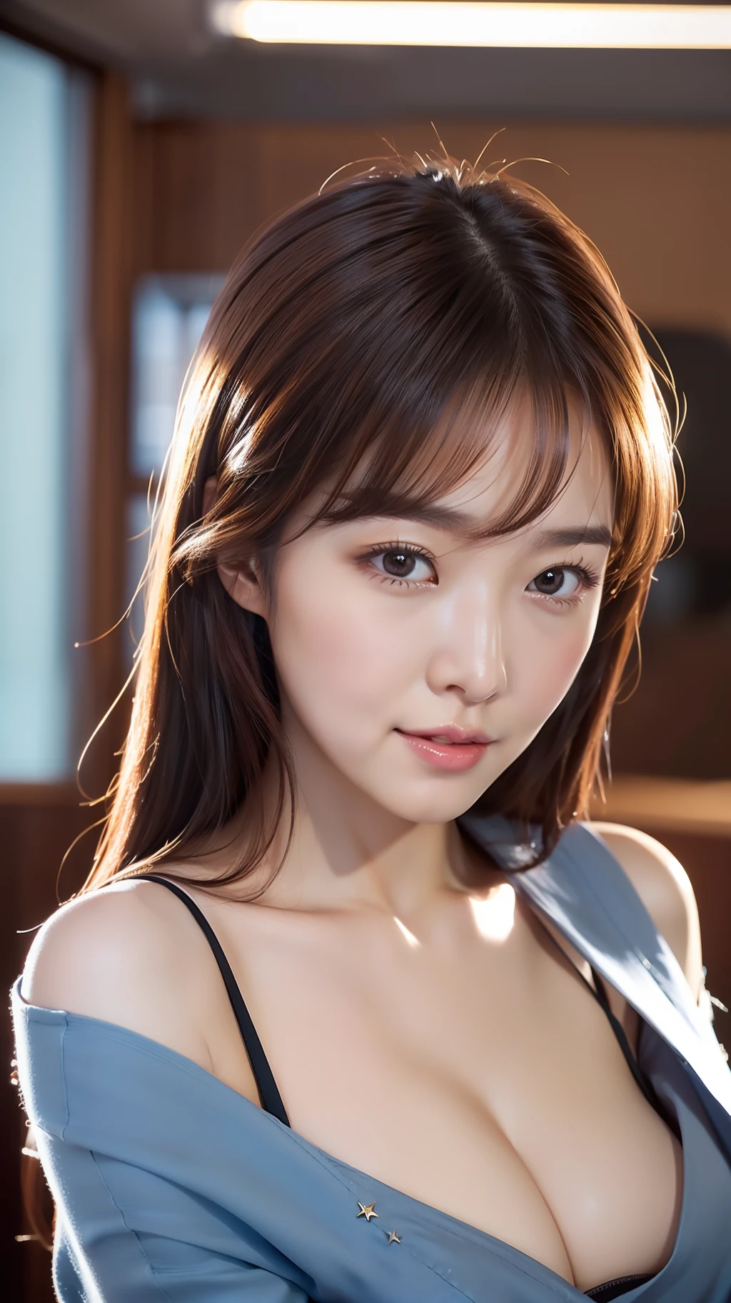 realistic photos of (1 cute Korean star) Shoulder-length hair, thin makeup, medium breasts size, slightly smile, as office lady, hugging, close-up, cinematic lighting, motion lines, UHD, super detail, 16k