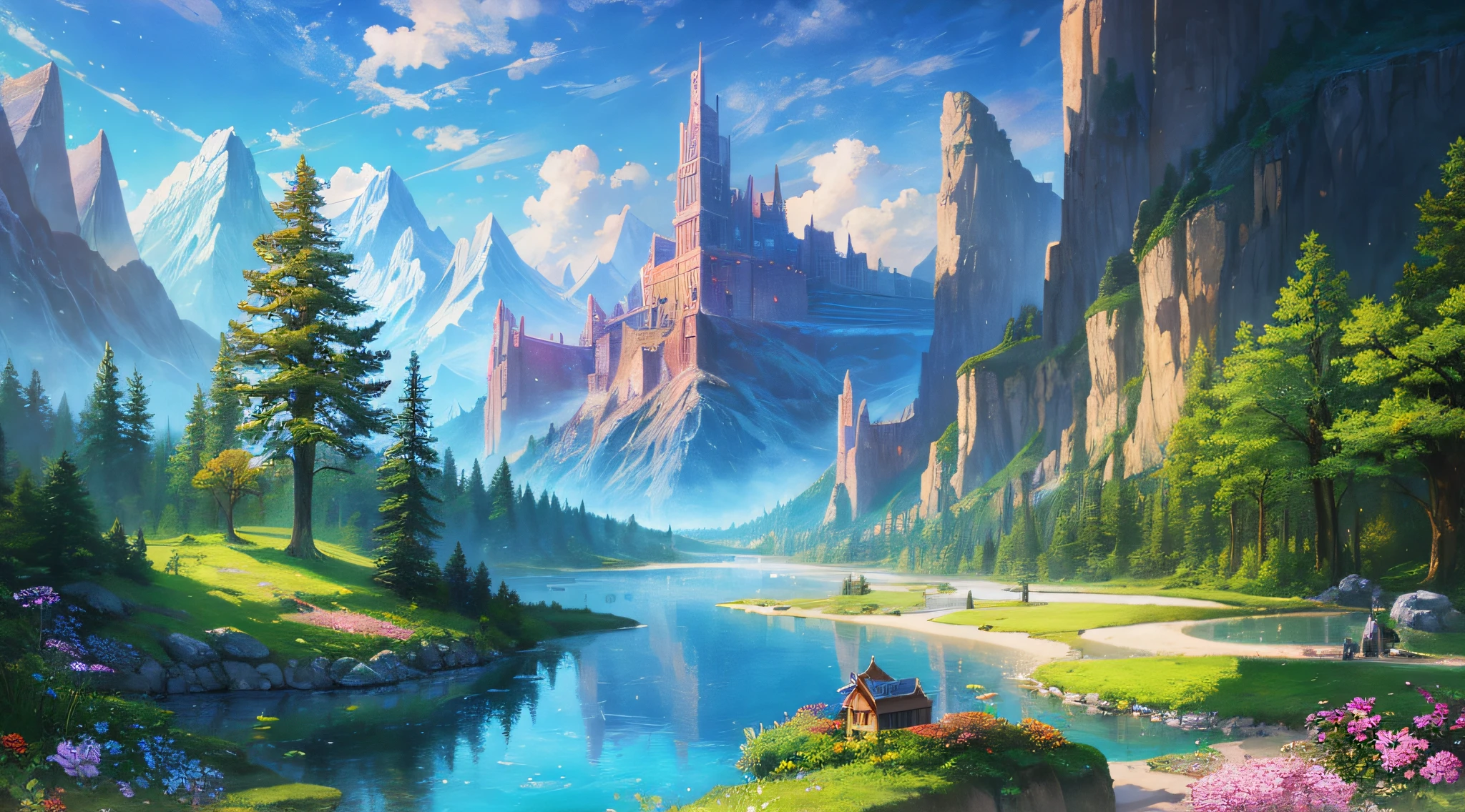 Magical landscape, Enchanting characters, Giant book floating, Vibrant colors, Natural elements (trees, mountains, rivers), Mystery, Imagination, Inspiration, Epic journey, Magic, Symbology, Bright Light, Harmony, Spirituality.