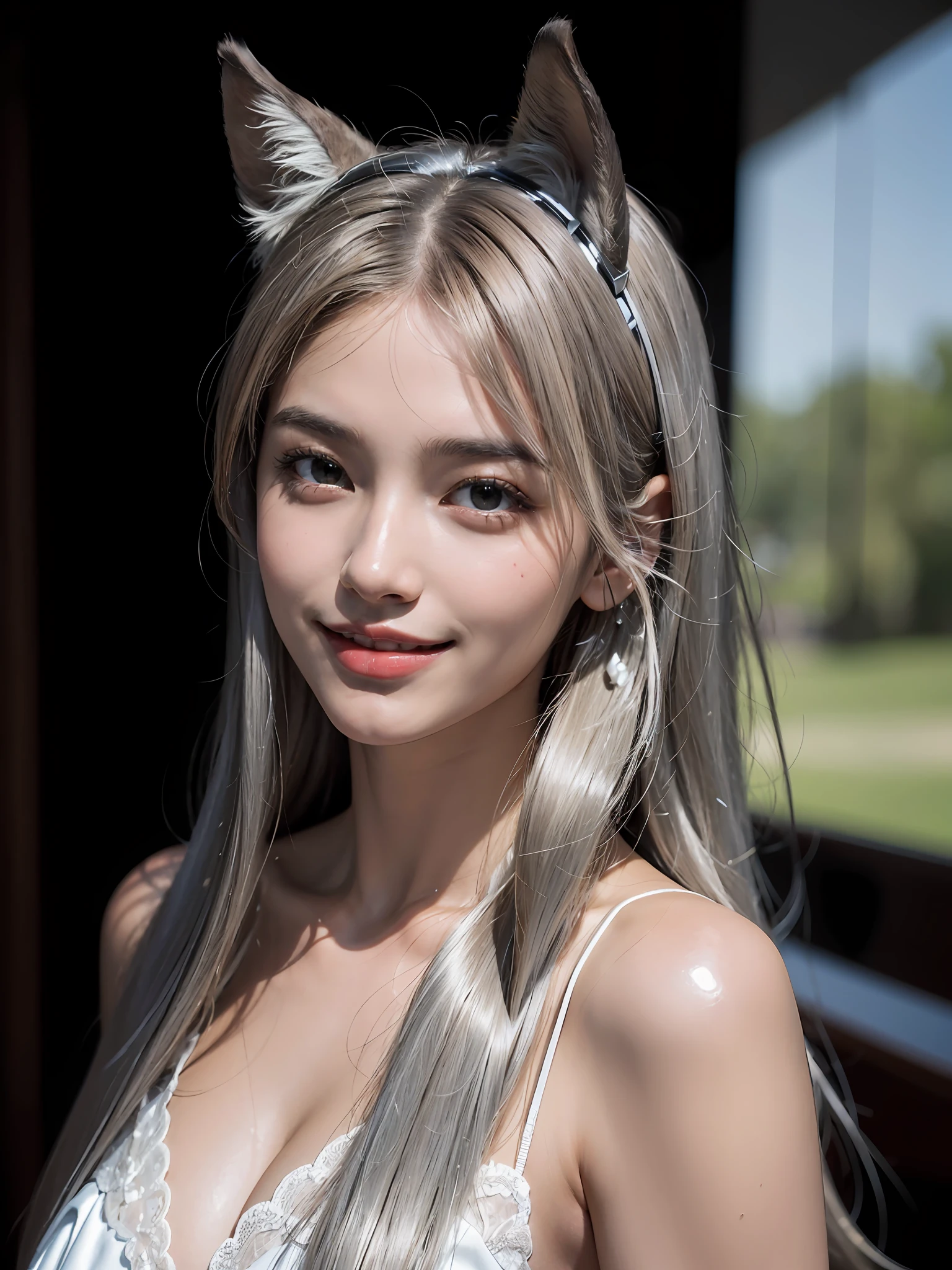 Top Quality, Masterpiece, Ultra High Resolution, (Photorealistic: 1.4), Raw Photo, 1 Girl, (Brown Hair), Horse Ears, Formal Up, Glossy Skin, Dramatic Lighting, (Smile: 1.2)