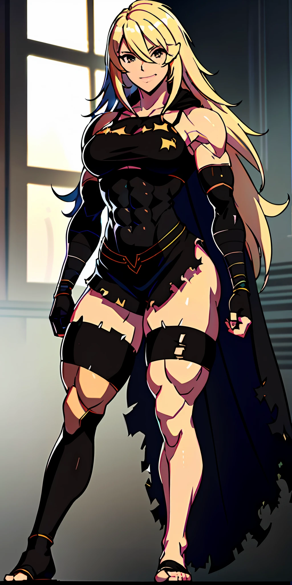 anime waifu bodybuilder, beautiful face, smiling face, green eyes, scar on left eye and nose, perfect body, fit body, looking at the viewer, posing with strong arms, abdomen, large breasts, muscular, ((hair) long and blonde), sarashi white chest, sarashi, underboob, breasts bandages, arm bandages (insanely detailed, beautiful detailed face, masterpiece, best quality) volumetric lighting, (looking disgusted), konosuba, (torn cape at the tip covering the body of black color, and hood covering the head of black color), character A2, (white and torn bandages on the arms and legs), image taken from below, focus on the legs, high quality, white light clothes