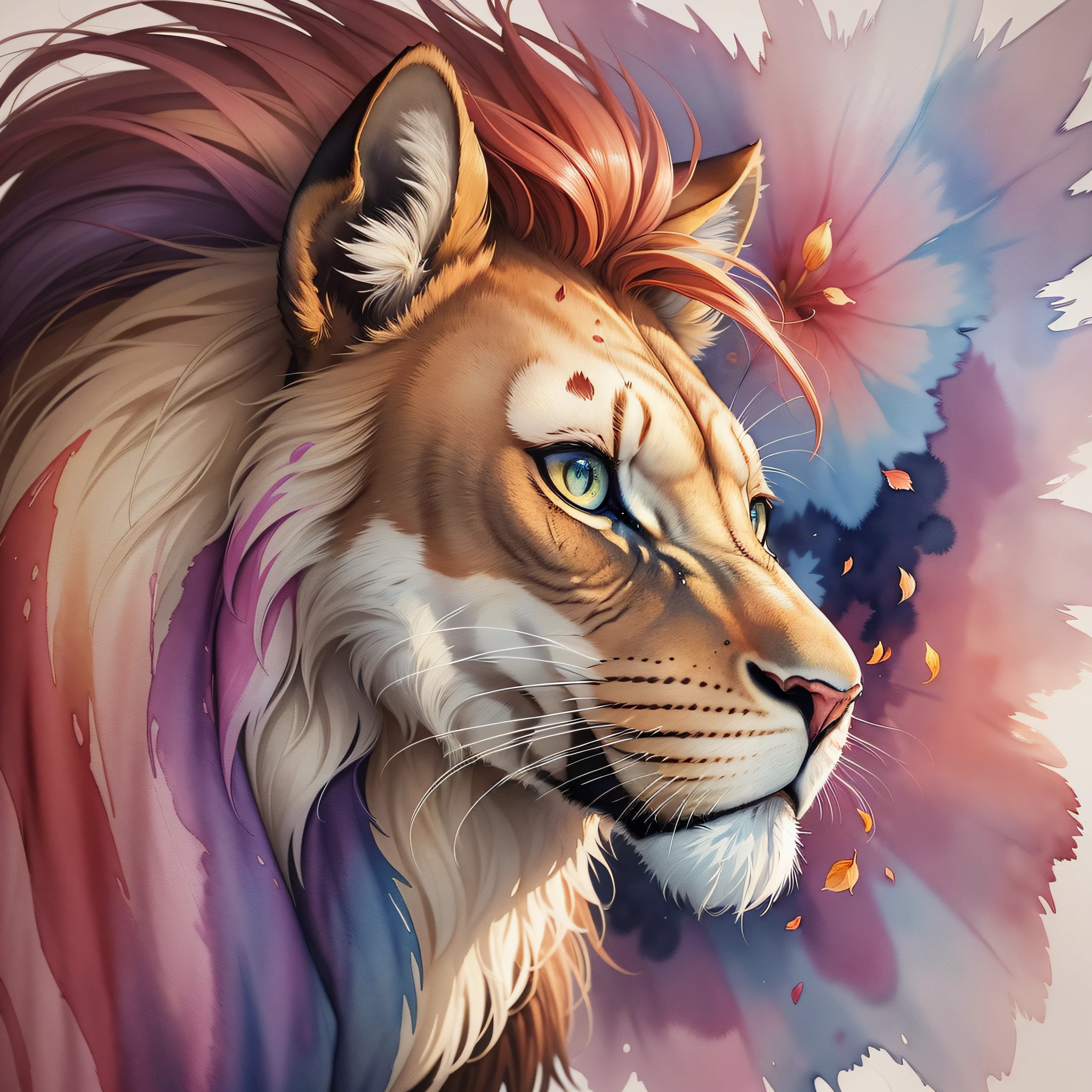 ( watercolor (medium), IrisCompiet:1.2),side view of a Lion with long beak, face focus, abstract background, fantasy, many colors, colorful, flower petals, wind blowing,