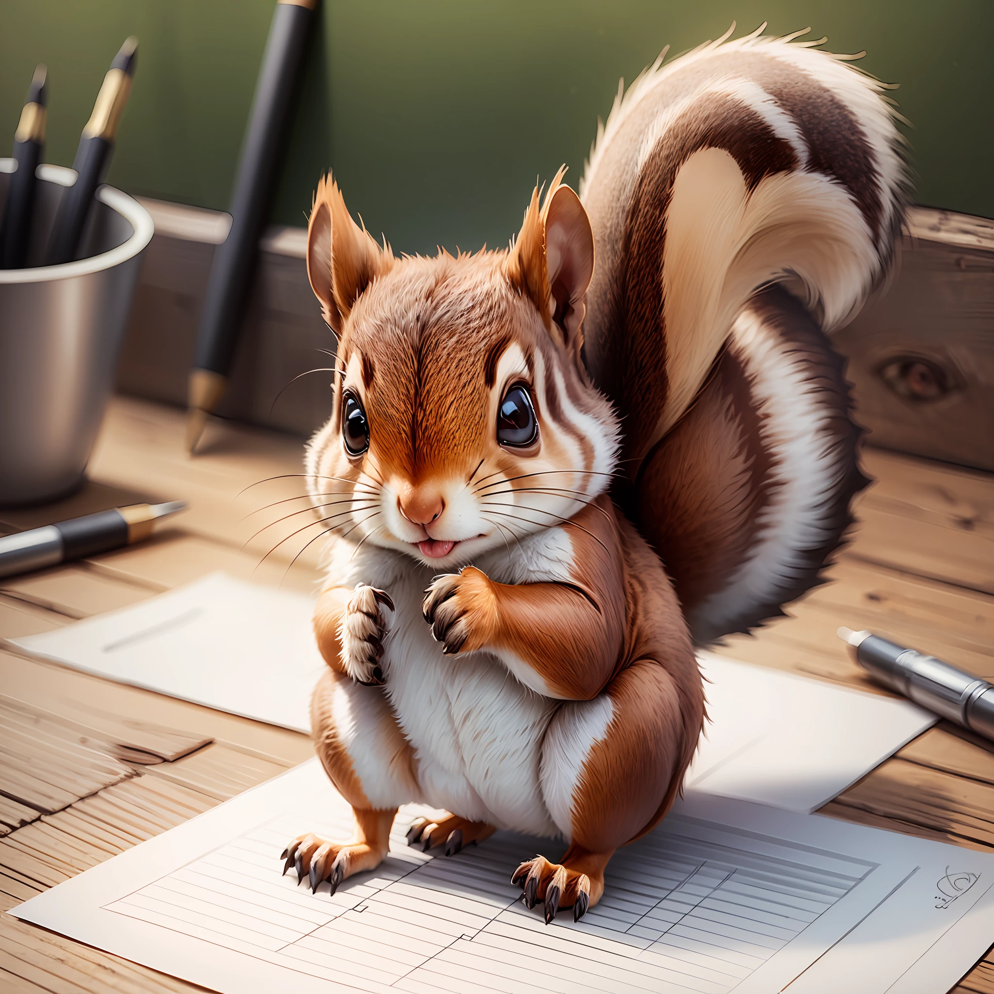 A drawing of a squirrel on paper made with pencil, very cute furry squirrel, in high definition --auto --s2
