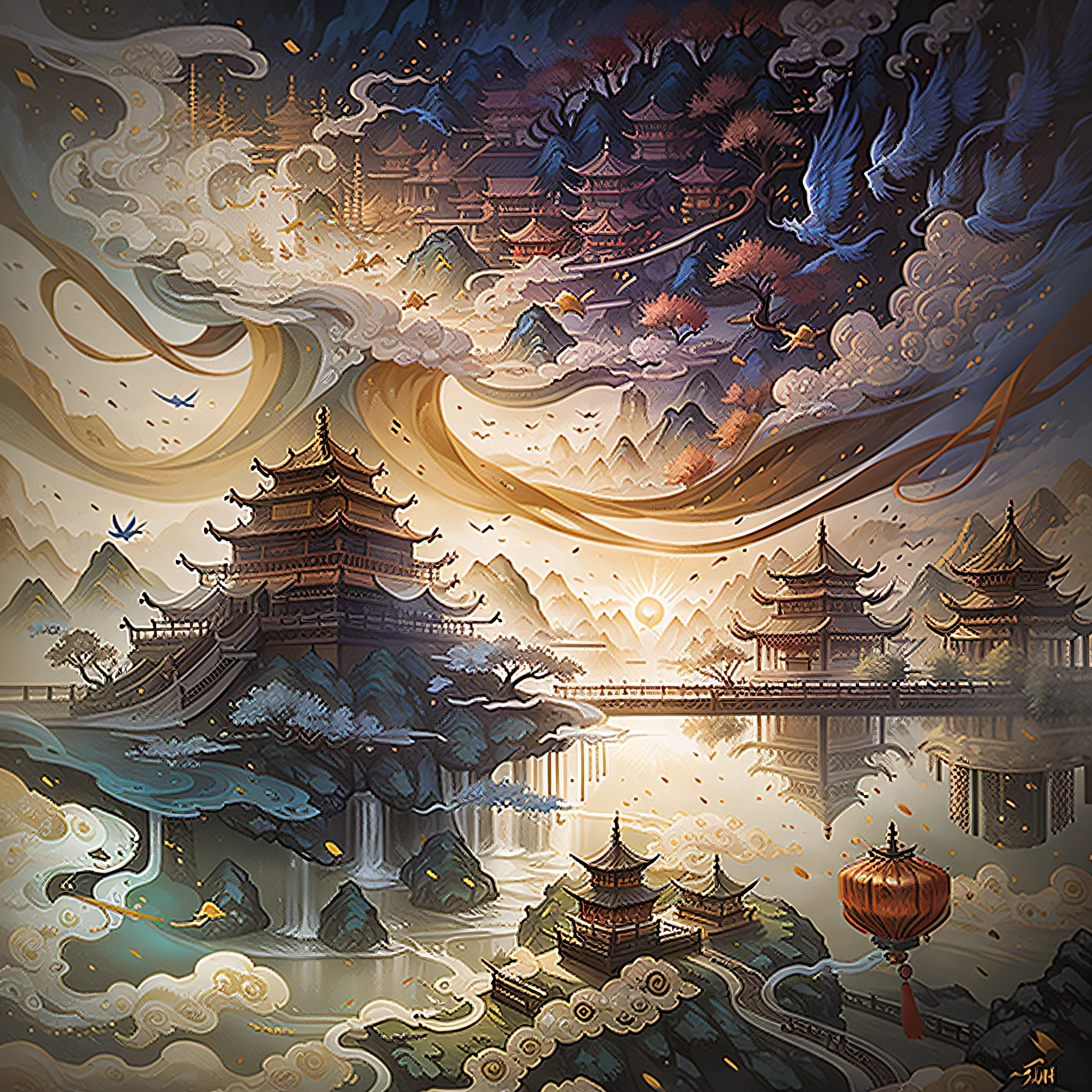 chinese wind mountains, river, auspicious clouds, pavilions, sunlight, masterpiece, super detail, epic composition, ultra hd, high quality, extremely detailed, official art, unified 8k wallpaper, super detail, 32k --auto --s2