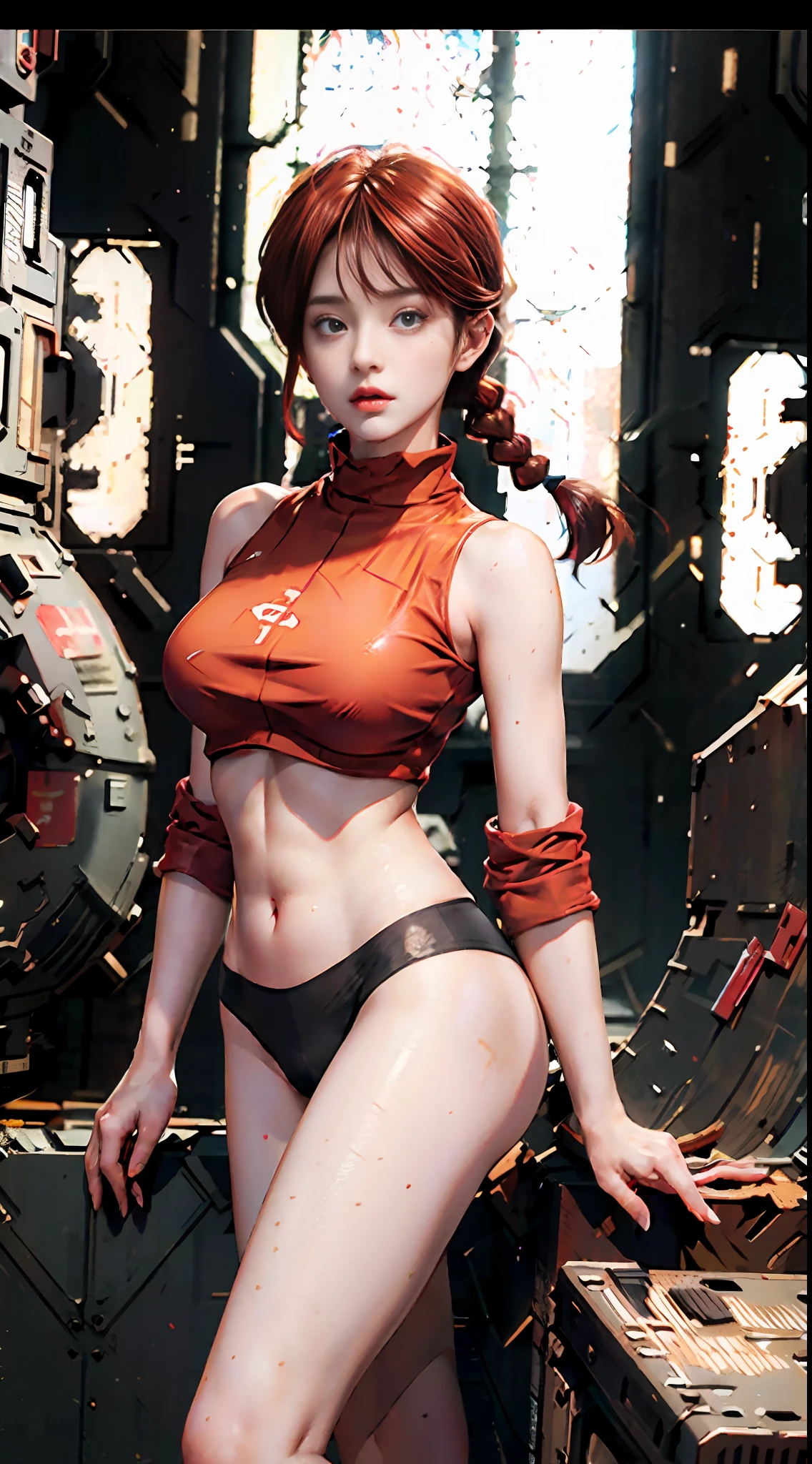 Ranma-chan, single ginger braid RAW, Masterpiece, Ultra Fine Photo,, Best Quality, Ultra High Resolution, Photorealistic, Sunlight, Full Body Portrait, Stunningly Beautiful,, Dynamic Poses, Delicate Face, Vibrant Eyes, (Side View) , she is wearing a futuristic red tangzhuang costume, skinny leather panties, turtleneck top, off shoulders, very detailed background, detailed face, detailed busy background, messy, gorgeous, milky white, high detailed skin, realistic skin detail, visible pores, sharp focus, volumetric fog, 8k uhd, dslr, high quality, film grain, fair skin, photorealism, lomography, sprawling metropolis in a futuristic dystopia , seen from side, translucent, cropped top, underboob, deep cleavage