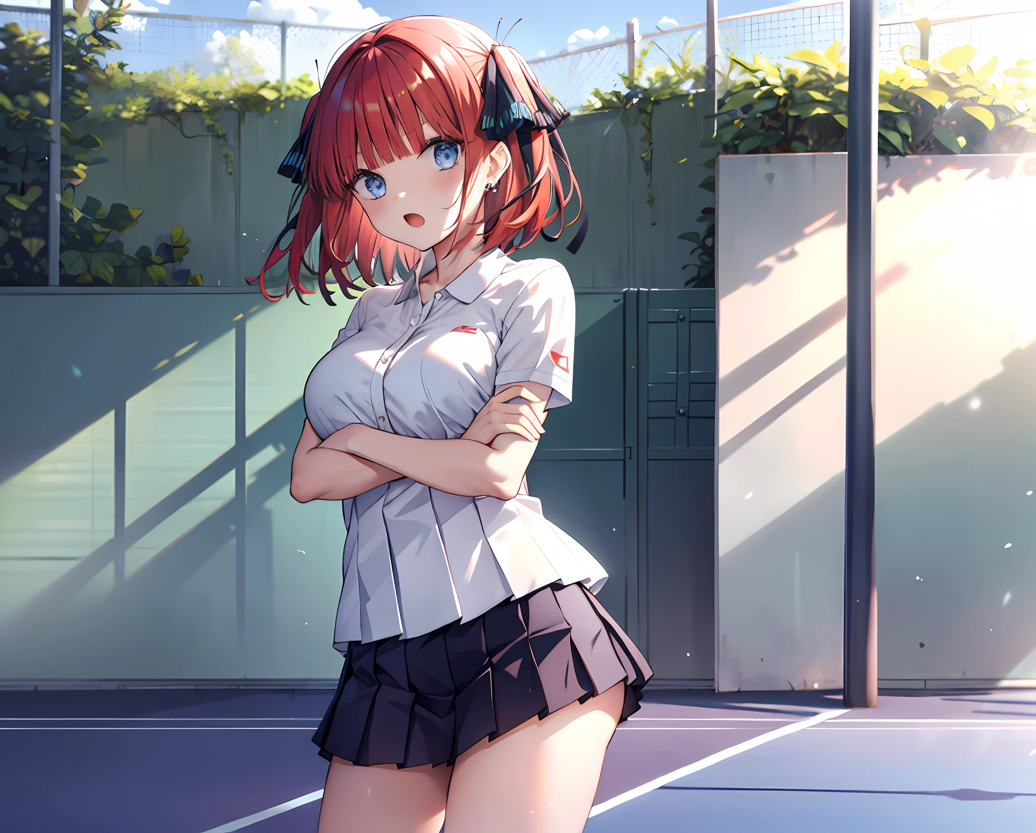 absurdres, highres,
BREAK
looking at viewer, cowboy shot, (from front:1.5)
BREAK
(vivid-color:1.3)
BREAK
(one girl:1.3), (loli:1.2),red hair, blue eyes, tennis uniform, hairclip, earrings, jewelry, nm1,  hair ribbon, short hair, tennis cosplay, (pleated super short skirt:1.4), (thighs:1.3), (large ass:1.3), large breasts, (provocative face:1.3), open mouth, (folding one's arms:1.3), (breast:1.3), ass, round eyes, (blowing in the wind:0.5), sweat around girl, dripping sweat, squall (wind:1.2), sense of speed, refreshing breeze, motion blur effect, wind, (no pants visible:1.4)
BREAK
background is (tennis court:1.3), (Stand in the center of the screen:1.3), (10,000 people spectators:1.3), multiple people behind you, blue sky with clouds, outdoors, (magnificent panorama view:1.2), wind
BREAK
sunlight, magnificent view, rainbow in the sky, light particles, dynamic angle, dutch angle, perspective
BREAK
(daytime, sunbeam:1.2), depth of field, bokeh, light leaks, (chromatic aberration:1.2), noon
BREAK