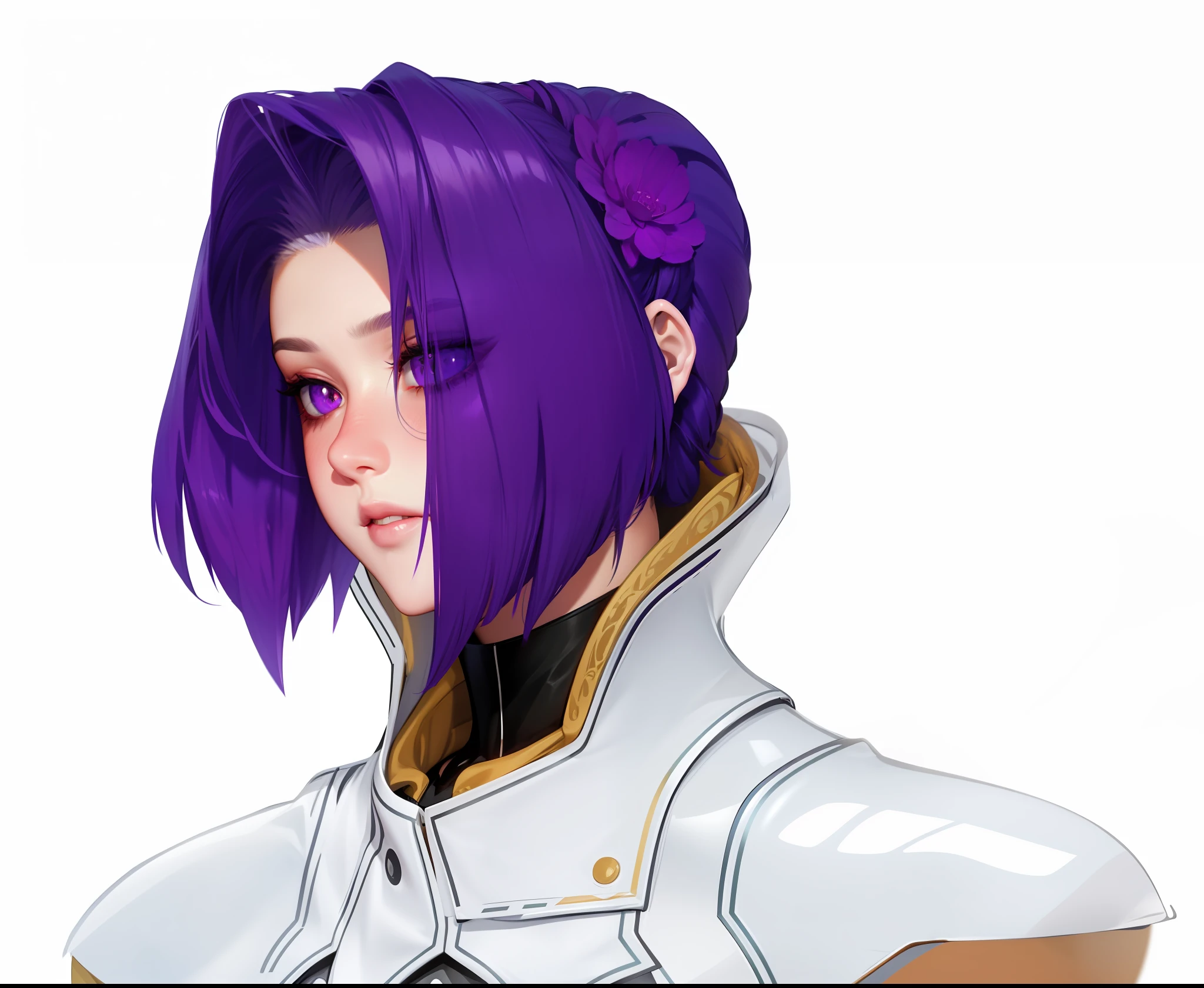 realistic, 1girl, white hair, purple eyes, glowing eyes, crop top, skirt, parted lips, blush, night, flowers, sun, sunlight,