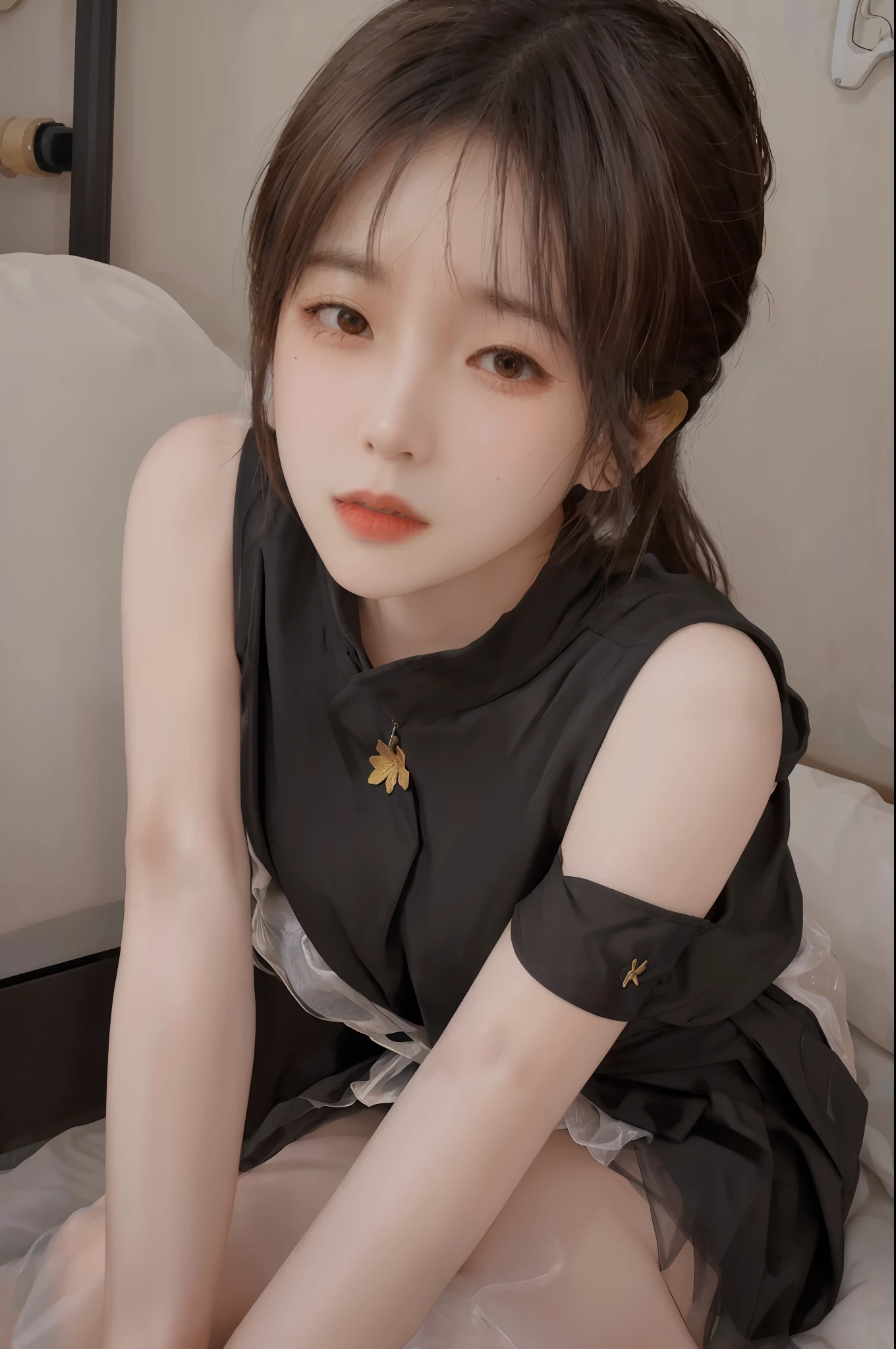 Masterpieces: 1 girl., best quality), realism, (real pictures, rich detail details, depth of field), (1 girl called girl, solo), makeup, high detail, perfect face shape, (: 1 girl), (skin dents), thick thighs, wide hips, thin waist, high, coral, red lips, red eyes, ponytail (girls, shallow tulle, tulle transparent), (sweat: 1 girl.), (wet), sexy, blush, (shy expression), yellow petal clothes, shirt, stockings,