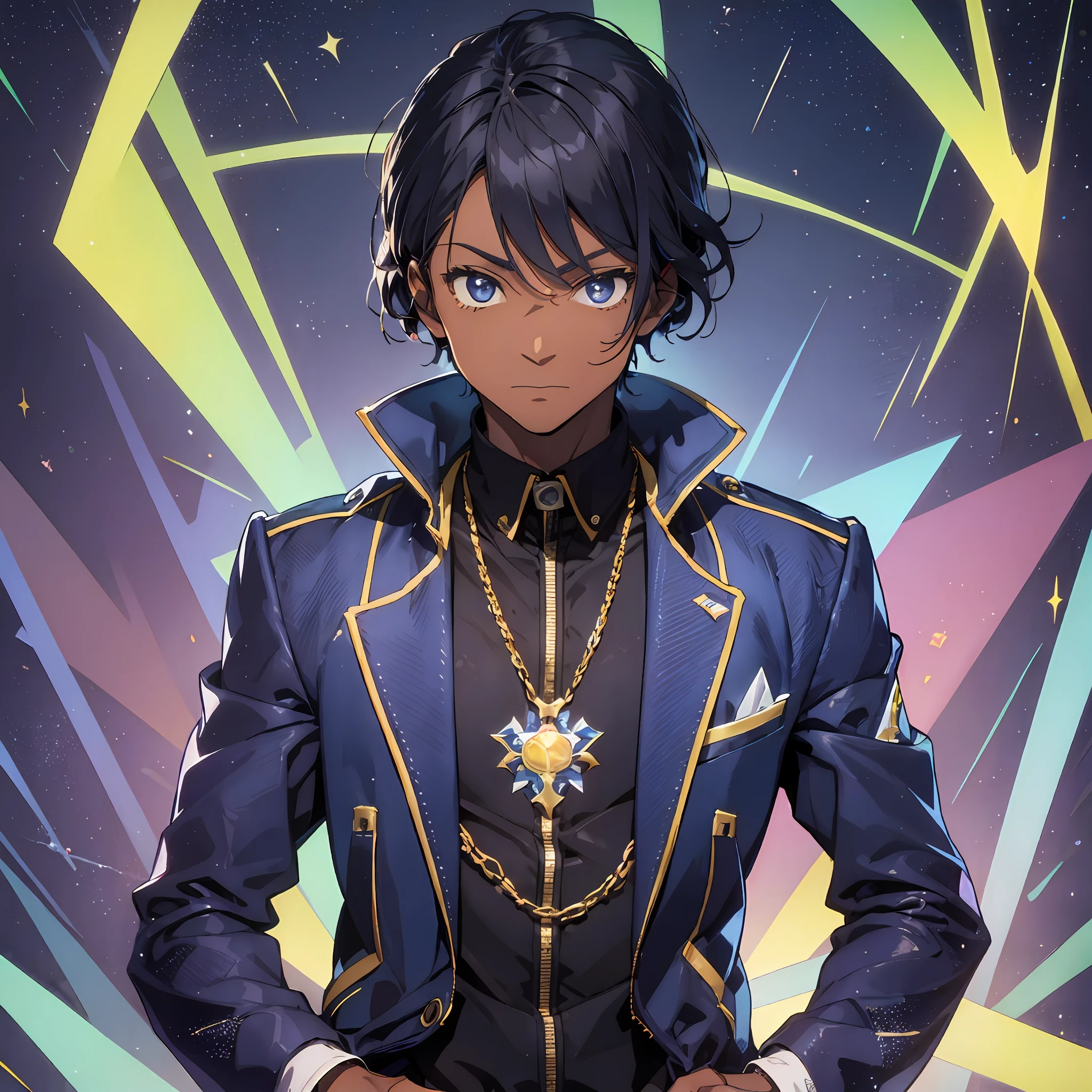 A dark-skinned young man wearing a dark blue coat with a symbol of rays emblazoned on his chest in red, the young man has a serious posture while remaining with his hands in the pockets of the wide dark pants with yellow rays emblazoned on it, to the boy's harness are rays and rays of red, green, purple, yellow and blue coloration.