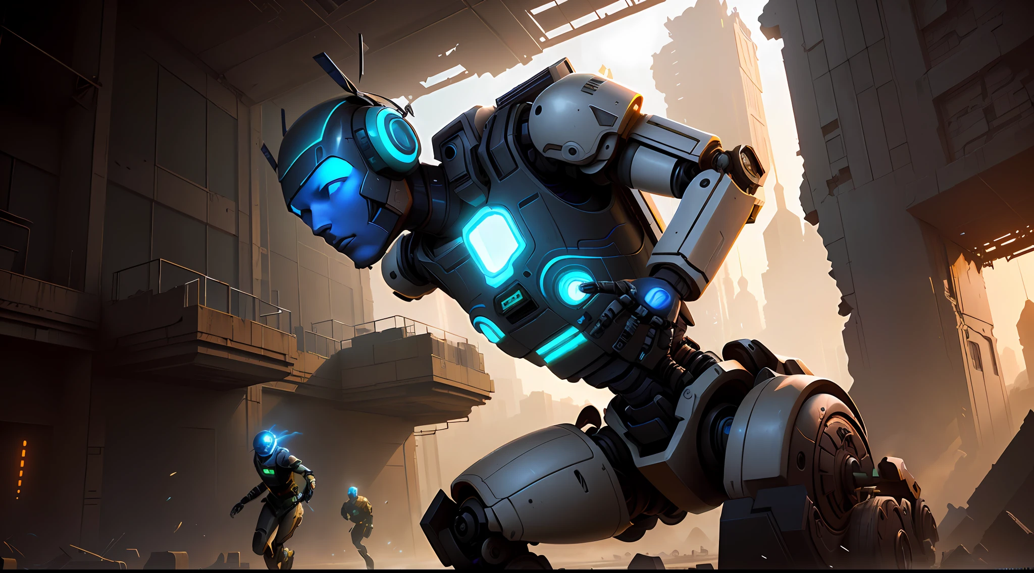 A robot running in the ruins, Wojtek Fus, Beeple and Tim Hildebrandt, Beeple and Greg Rutkowski, 3D Render Beeple, Android Jones and Atey Ghailan, WLOP. Sci-fi, Artgem and Beeple masterpieces, Greg Rutkowski and Krenzkusaud