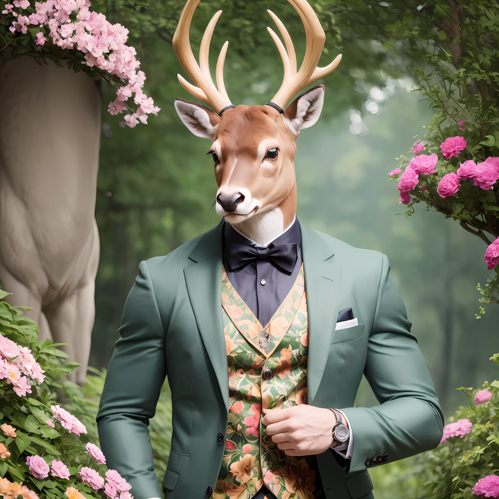 Create a digital image of a muscular anthropomorphic deer wearing a stylish suit. The deer is standing in a beautiful garden surrounded by colorful flowers and lush greenery. The deer should have a confident and strong posture, as if he owns the garden. The suit should be well-tailored and complement the deer’s muscular physique --auto --s2