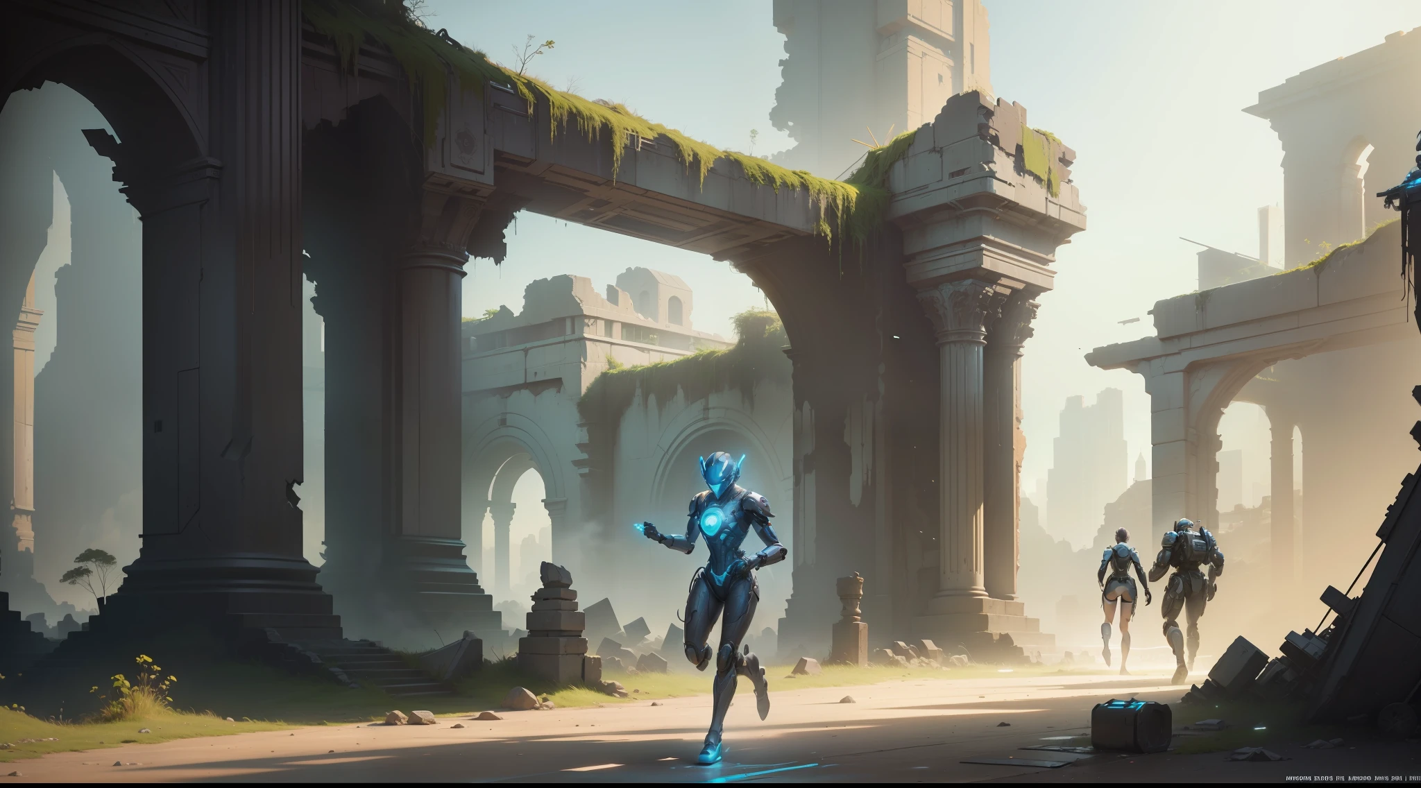 Illustration, Inside the Ruins, A Robot Running, Wojtek Fus, Beeple and Tim Hildebrandt, Beeple and Greg Rutkowski, 3D Render Beeple, Android Jones and Atey Ghailan, WLOP. Sci-fi, Artgem and Beeple masterpieces, Greg Rutkowski and Krenzkusaud