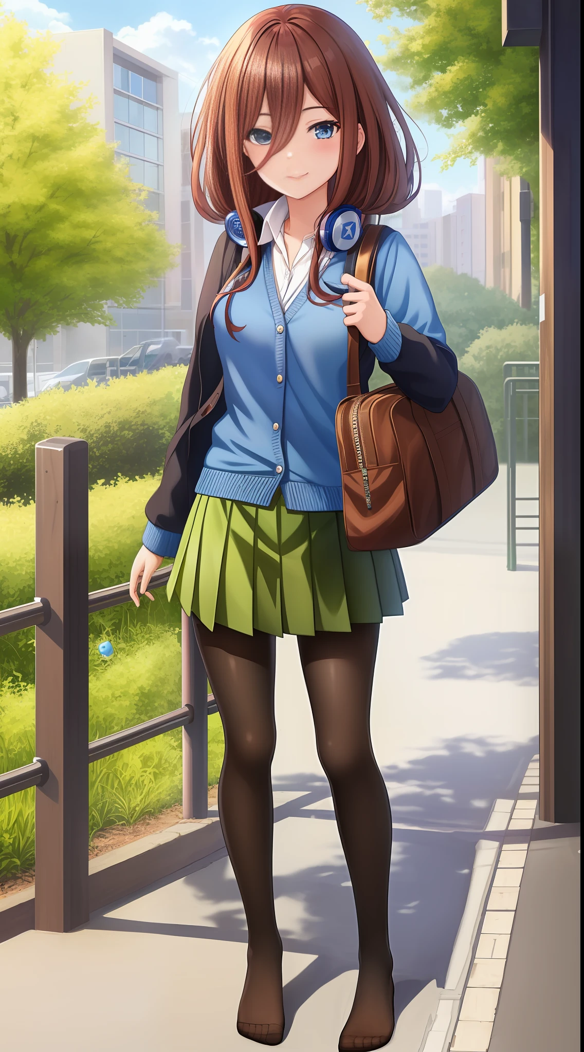 2D, masterpiece, best quality, anime, very detailed, 1girl, solo, cowboy shot, nakano miku, brown hair, hair between eyes, blue cardigan, headphones, tights, collared shirt, green skirt, miniskirt, big, standing, school, outdoor, smile, feet without shoes