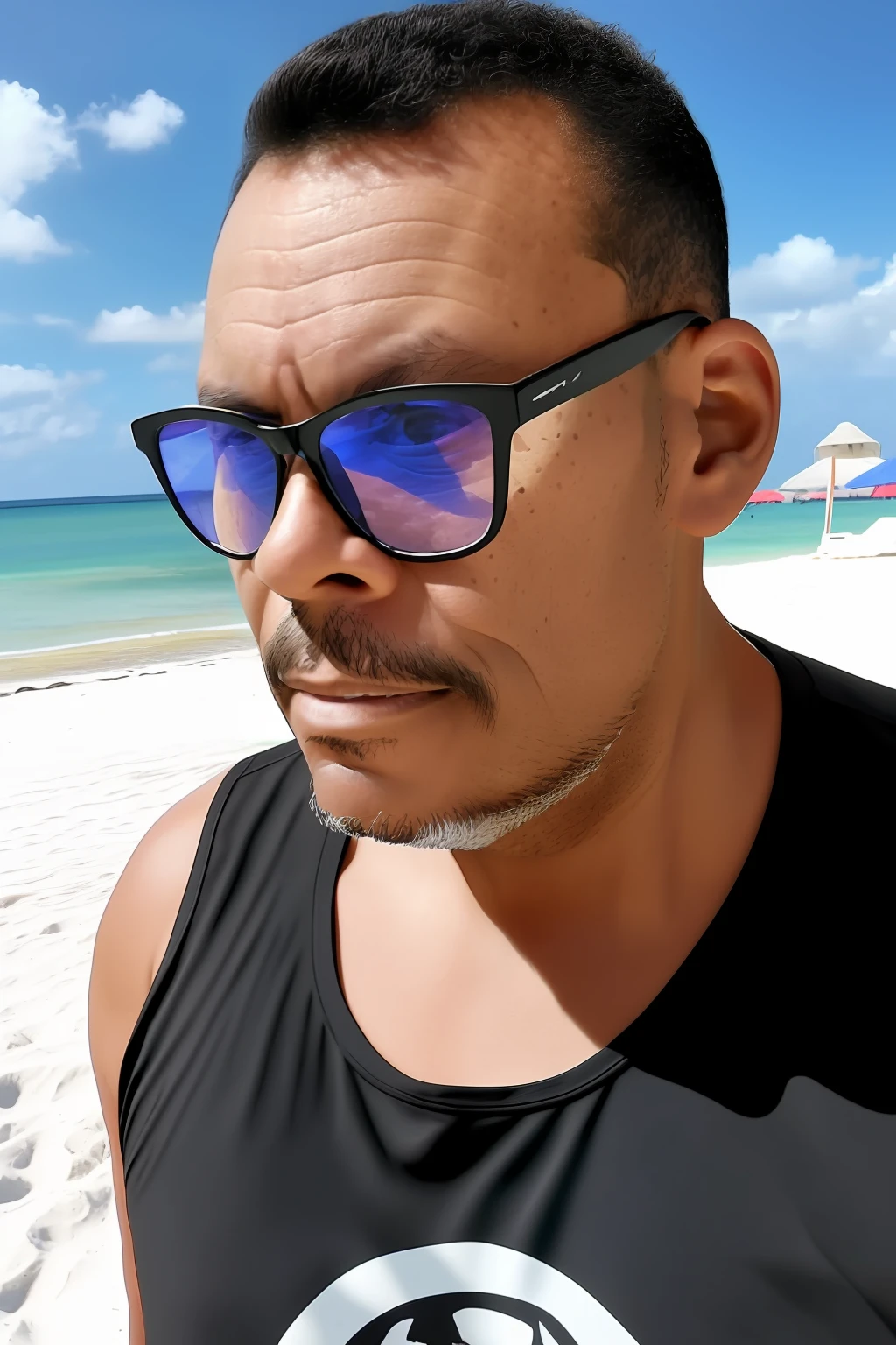 guttonerdvision4, man in sunglasses on the beach, wearing black tank top, detailed face and skin, ultra realism