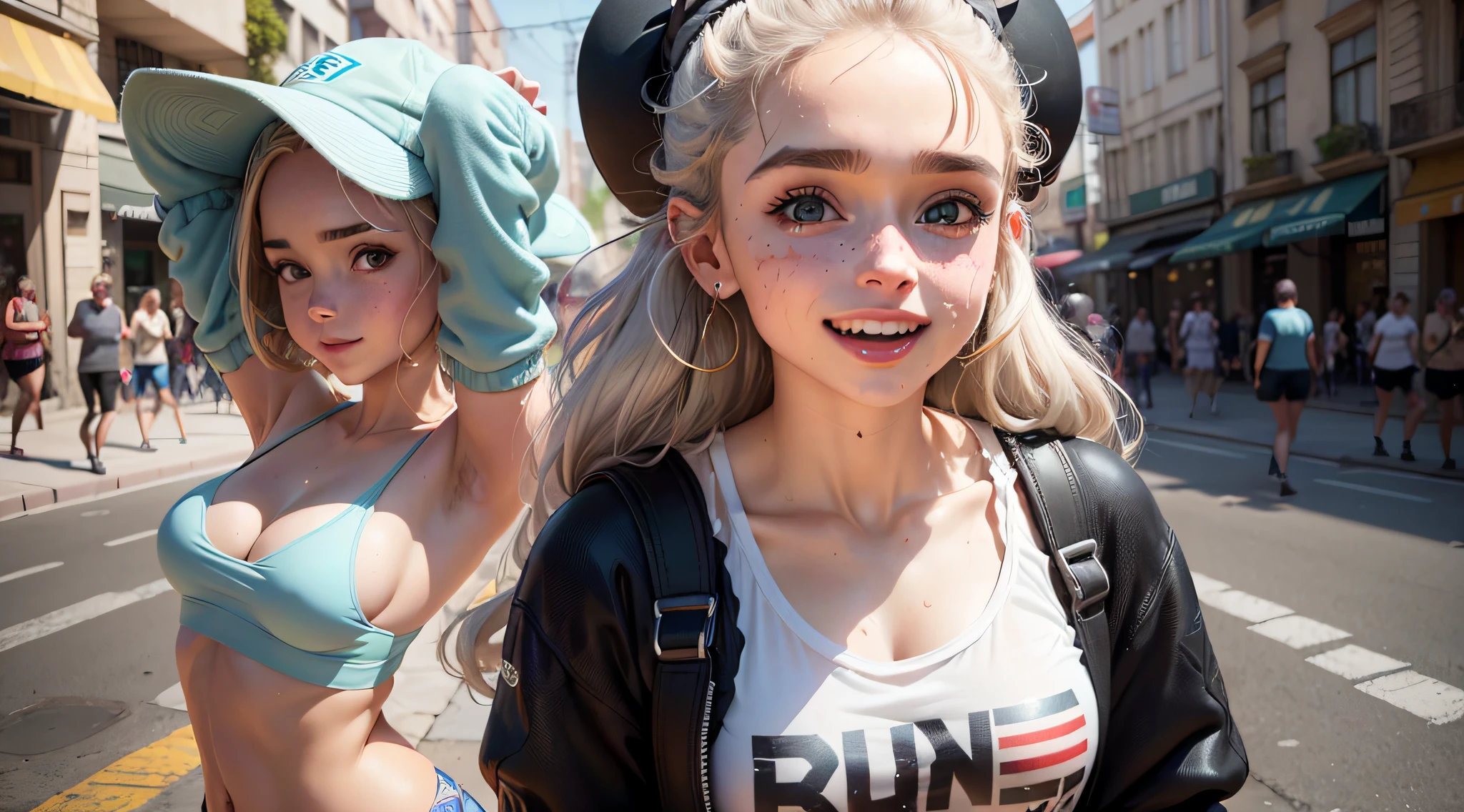 voluptuous [Kiernan Shipka], 21 years old, athletic body, cheerful almond eyes, flushed cheeks, (perfect huge breasts, big tits:1.4), (wide hips:1.2), (perfect big ass:1.3), sweaty pale skin, (very wet body), full body, wearing a very small tight top, wearing a very small tight sunga (perfect legs), smiling into the camera, on a very busy street (crowded street of women),  (street full of women), lewd, nasty, happy, grafffiti, focus sharp