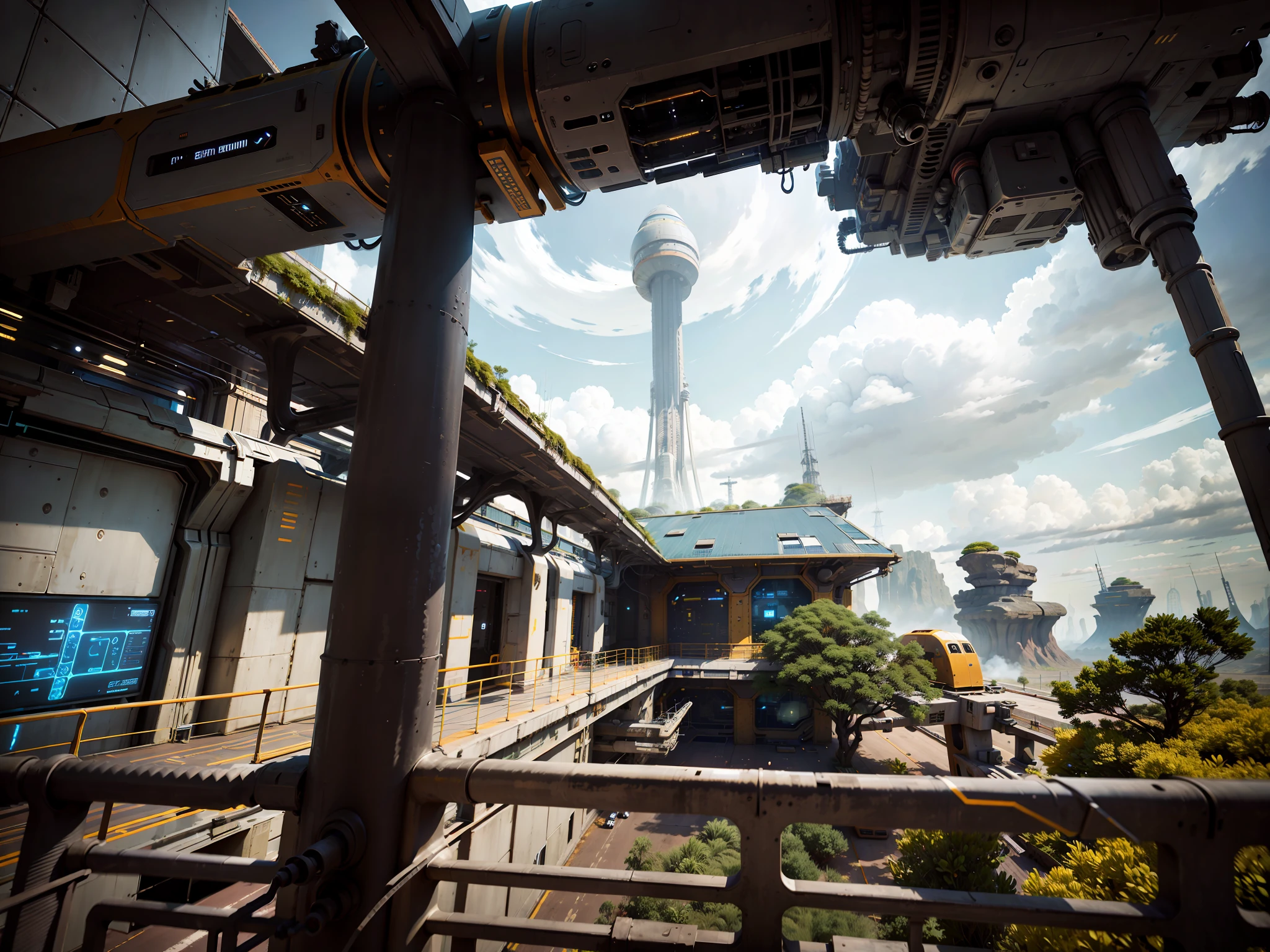 A futuristic science and technology landscape, metal science fiction architecture, no space with various spacecraft flying, prominent parts, complex machine structure and parts, vertical and horizontal pipelines, metal texture, battle damage, sense of technology, strong contrast lighting, science and technology background, blue sky, background paste, high definition, 8K, realism, dark yellow light