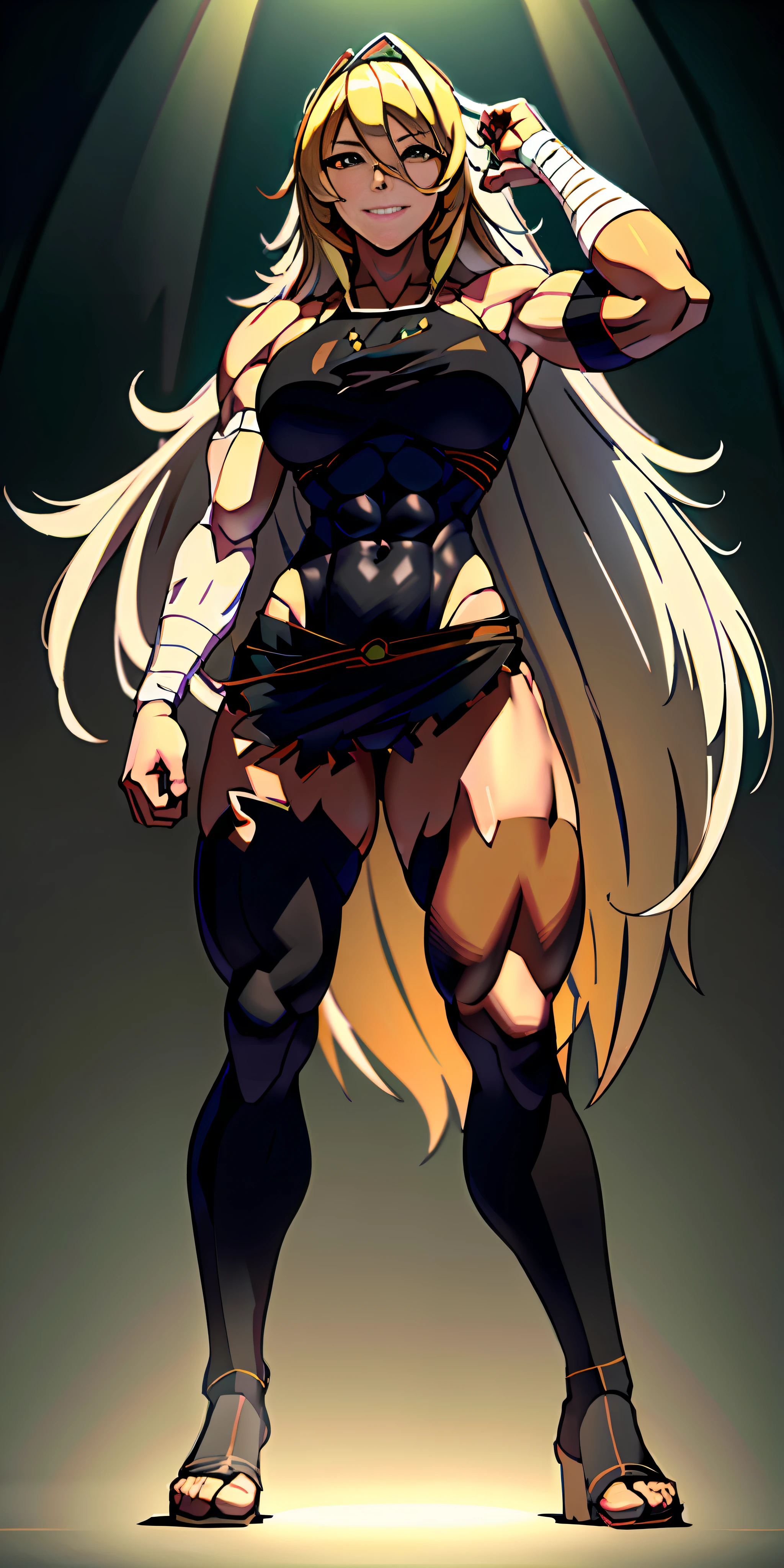 anime waifu bodybuilder, beautiful face, smiling face, green eyes, scar on left eye and nose, perfect body, fit body, looking at the viewer, posing with strong arms, abdomen, large breasts, muscular, ((hair) long and blonde), sarashi white chest, sarashi, underboob, breasts bandages, arm bandages (insanely detailed, beautiful detailed face, masterpiece, best quality) volumetric lighting, (looking disgusted), konosuba, (cape torn at the tip covering the body, and hood covering the head), character A2, (white and torn bandages on the arms and legs), image taken from below, focus on the legs, high quality, white light clothing