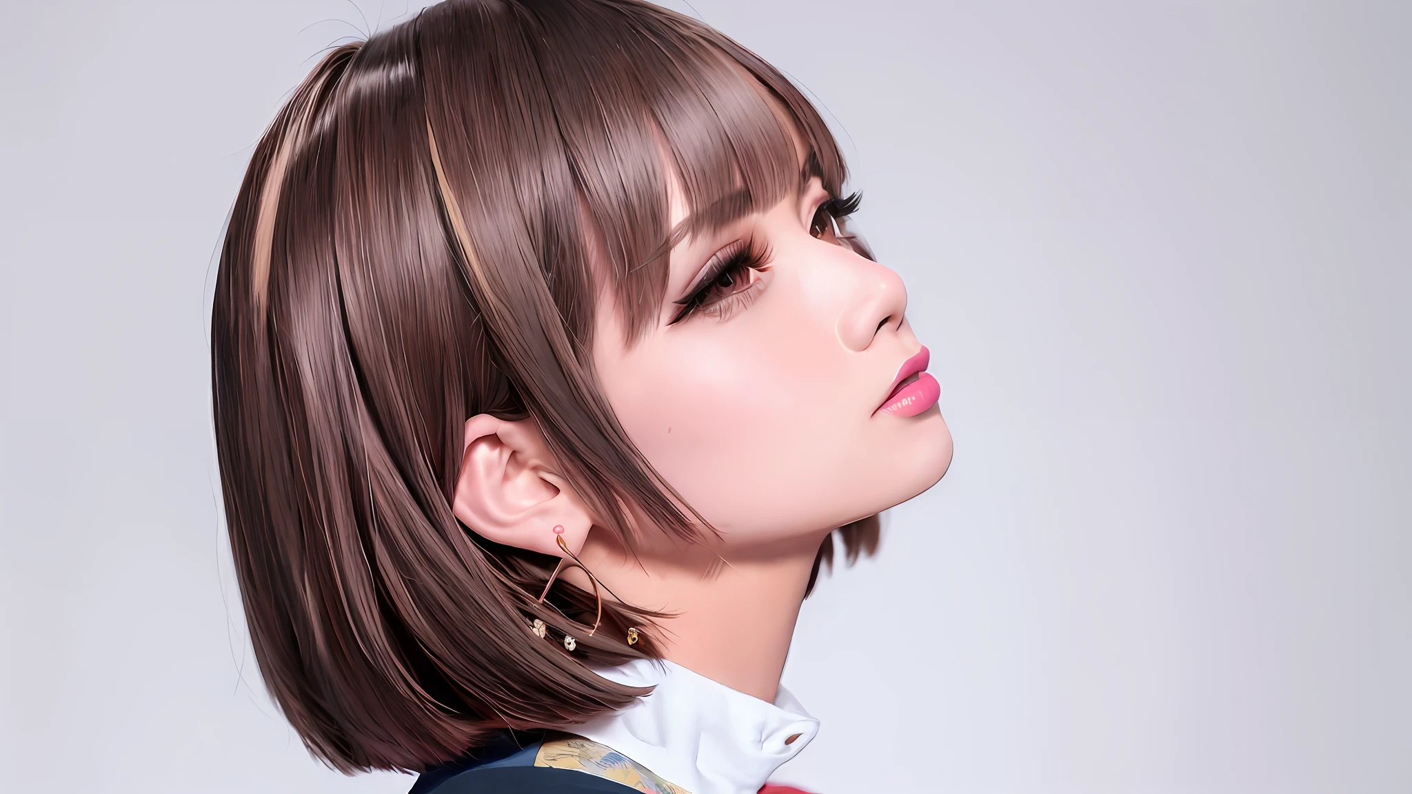 arafed woman with a short brown hair and a pink lip, chiho, 奈良美智, lalisa manobal, ayaka, with short hair, park ji-min, sakimichan, sun yunjoo, neat hair with bangs, with bangs, profile of anime girl, the hime cut