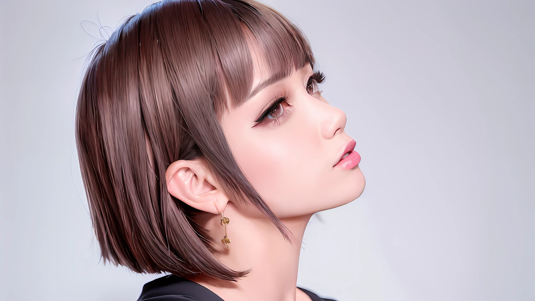 arafed woman with a short brown hair and a pink lip, chiho, 奈良美智, lalisa manobal, ayaka, with short hair, park ji-min, sakimichan, sun yunjoo, neat hair with bangs, with bangs, profile of anime girl, the hime cut