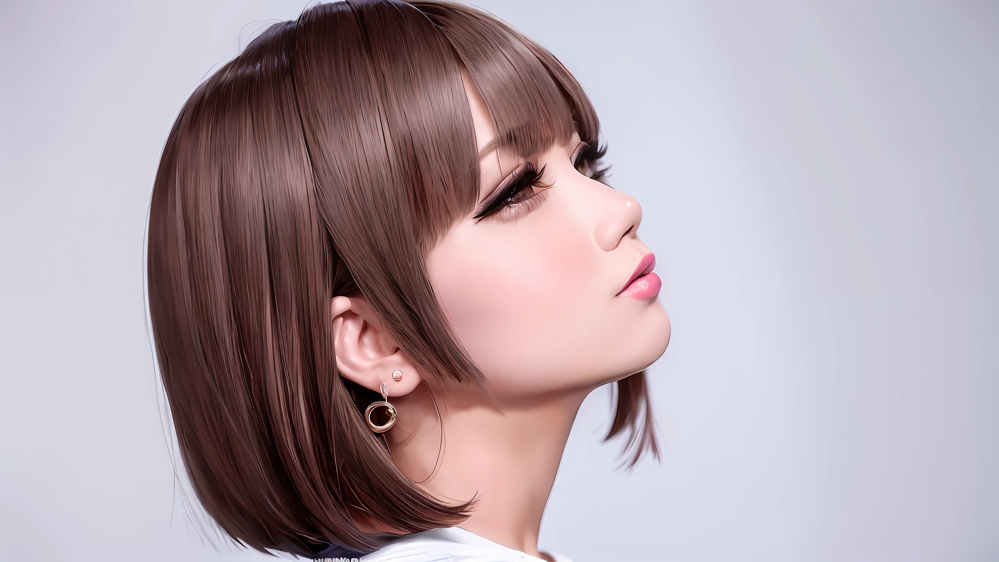 arafed woman with a short brown hair and a pink lip, chiho, 奈良美智, lalisa manobal, ayaka, with short hair, park ji-min, sakimichan, sun yunjoo, neat hair with bangs, with bangs, profile of anime girl, the hime cut