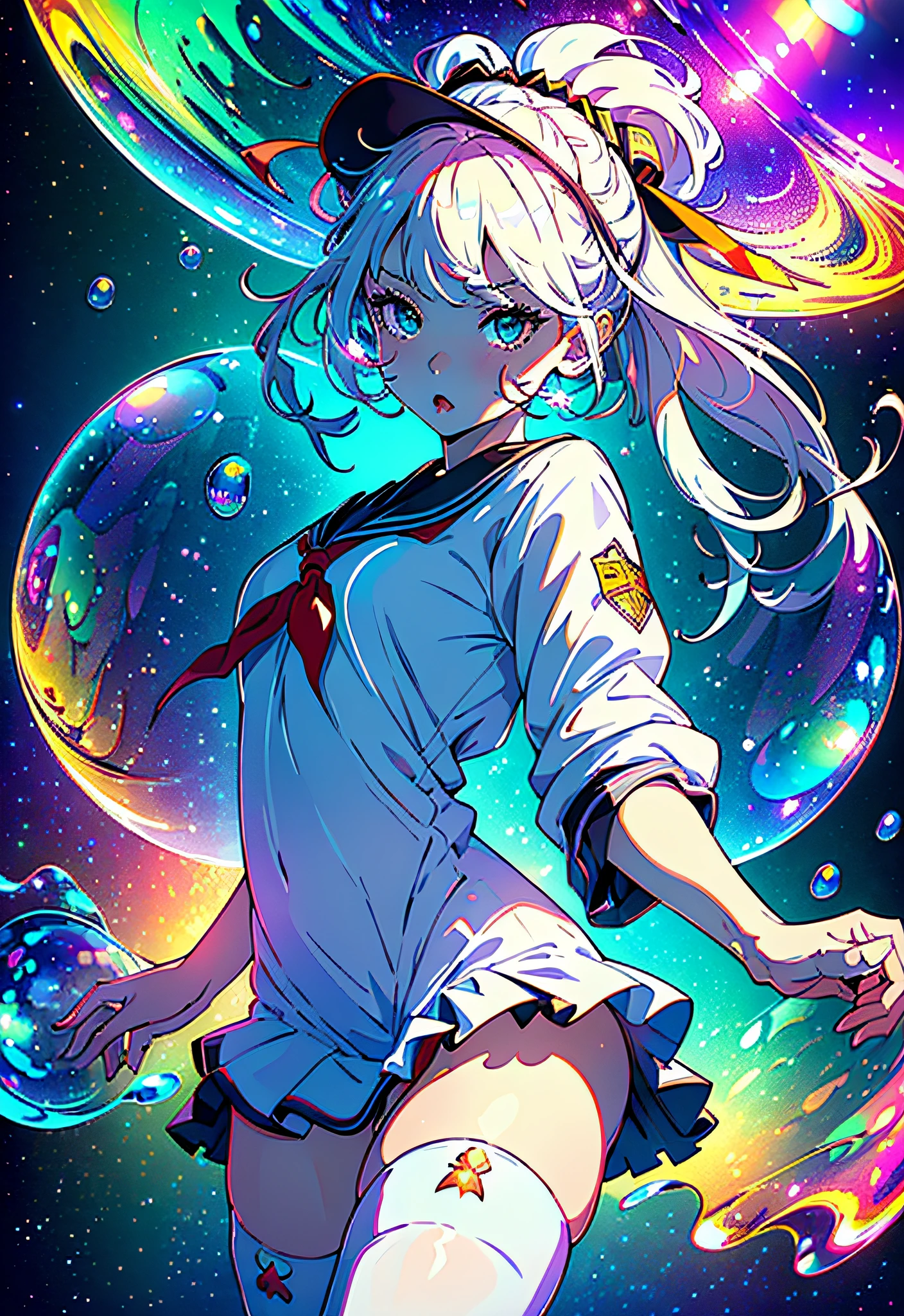 (masterpiece), (best quality), (official art, extremely detailed CG unity 8k wallpaper), (highly detailed), ((absurdres)), 1girl, mid shot, (exquisite facial features),(serafuku:1.3) ((sfw)),((clear hands)), ((white thighhighs without shoes)),aqua eyes, color contact lenses, stars in the eyes, (((colorful bubble))), colourful glass, (album cover)