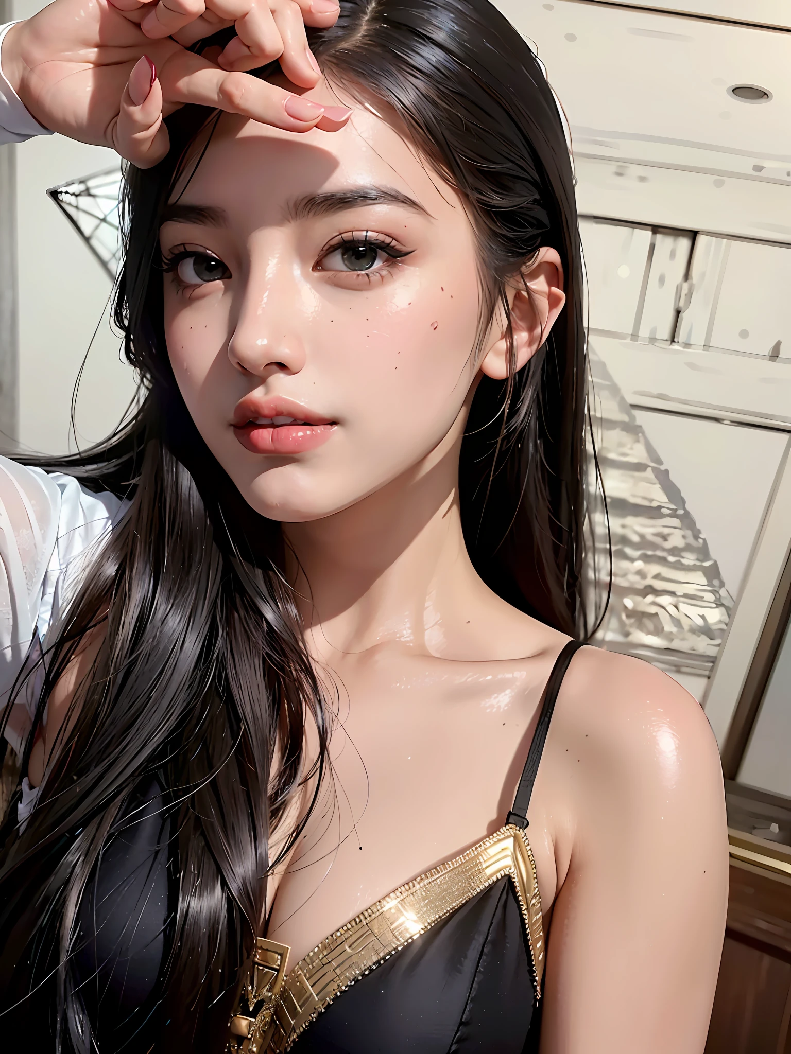 best quality, masterpiece, photo realistic, intricate details, raw photo, photon rendering, octane render, absurdres, ultra detailed, detailed face, detailed skin, trending on artstation, 8k masterpiece, cinematic lighting, ( (1girl)),((solo)),((looking_at_viewer)),trending on cg society,plasticien,((black long hair)),((beautiful woman)),(Smile),sexy lingerie, lingerie, underwear, bra,((Egyptian pyramid)),((sexy)),wind blowing hair, ((flowing hair)),happy,fashion magazine,