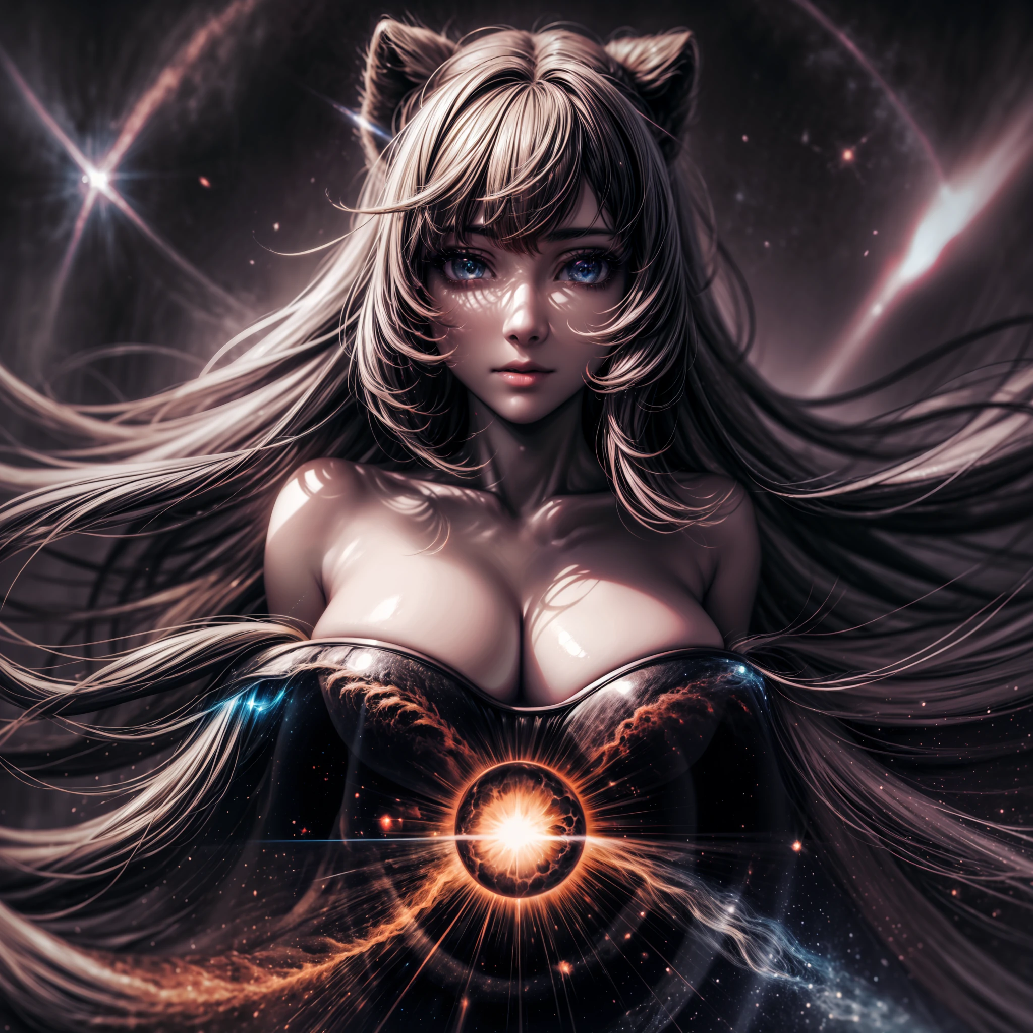 woman, deep colours, breast press, [sun|moon], holo, big breasts, anatomy, nebula, unification, android, glowing long hair, expressive color, explosion of light, mind bending rays of gas, mature looking face, looking at the viewer