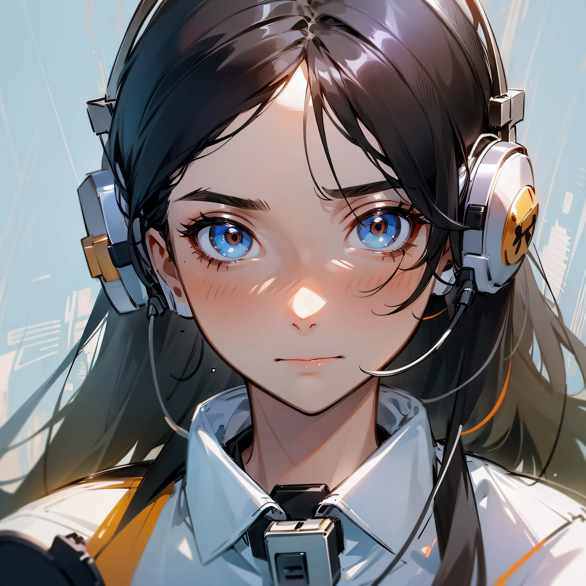 Best quality, masterpiece, a girl, black hair, white shirt, headphones, frightened expression, on a helicopter, close-up, girl front