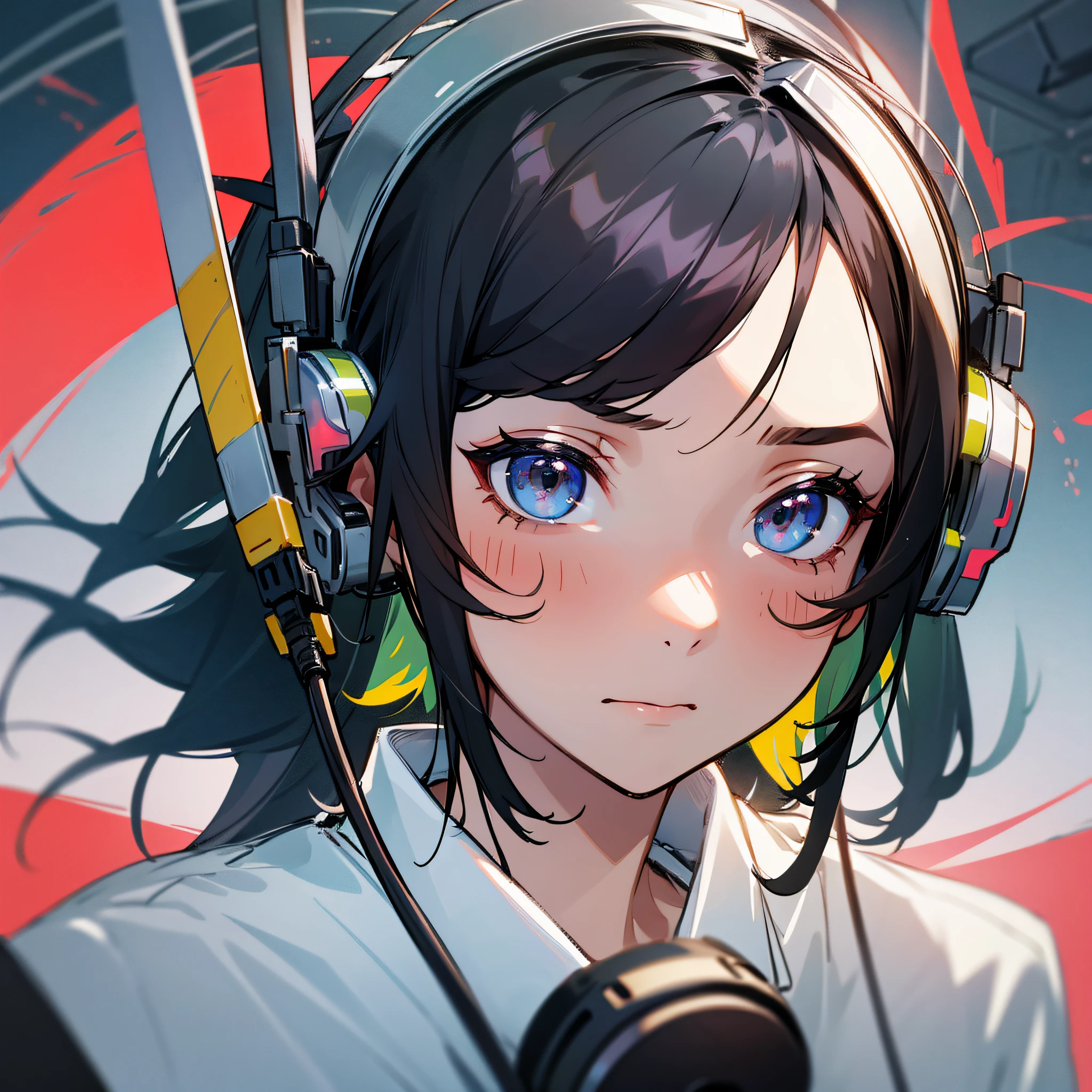 Best quality, masterpiece, a girl, black hair, white shirt, headphones, frightened expression, on a helicopter, close-up, girl front