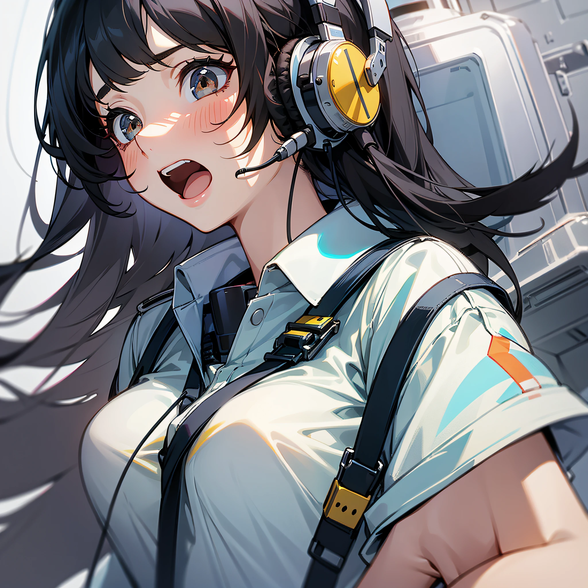 Best quality, masterpiece, a girl, black hair, white shirt, headphones, open mouth, terrified expression, on the helicopter, close-up, girl front
