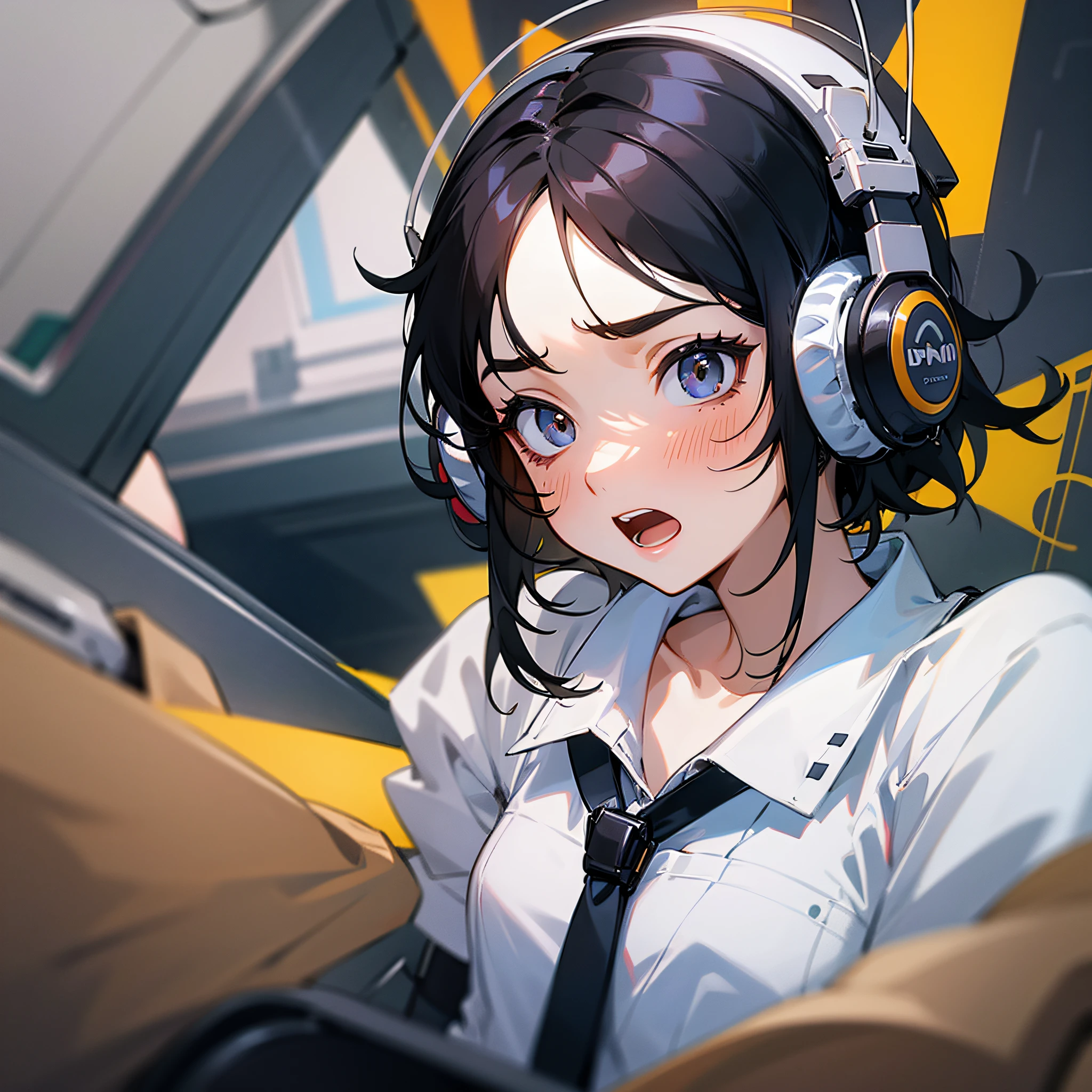 Best quality, masterpiece, a girl, black hair, white shirt, small chest, headphones, open mouth, terrified expression, on a helicopter, close-up, girl front